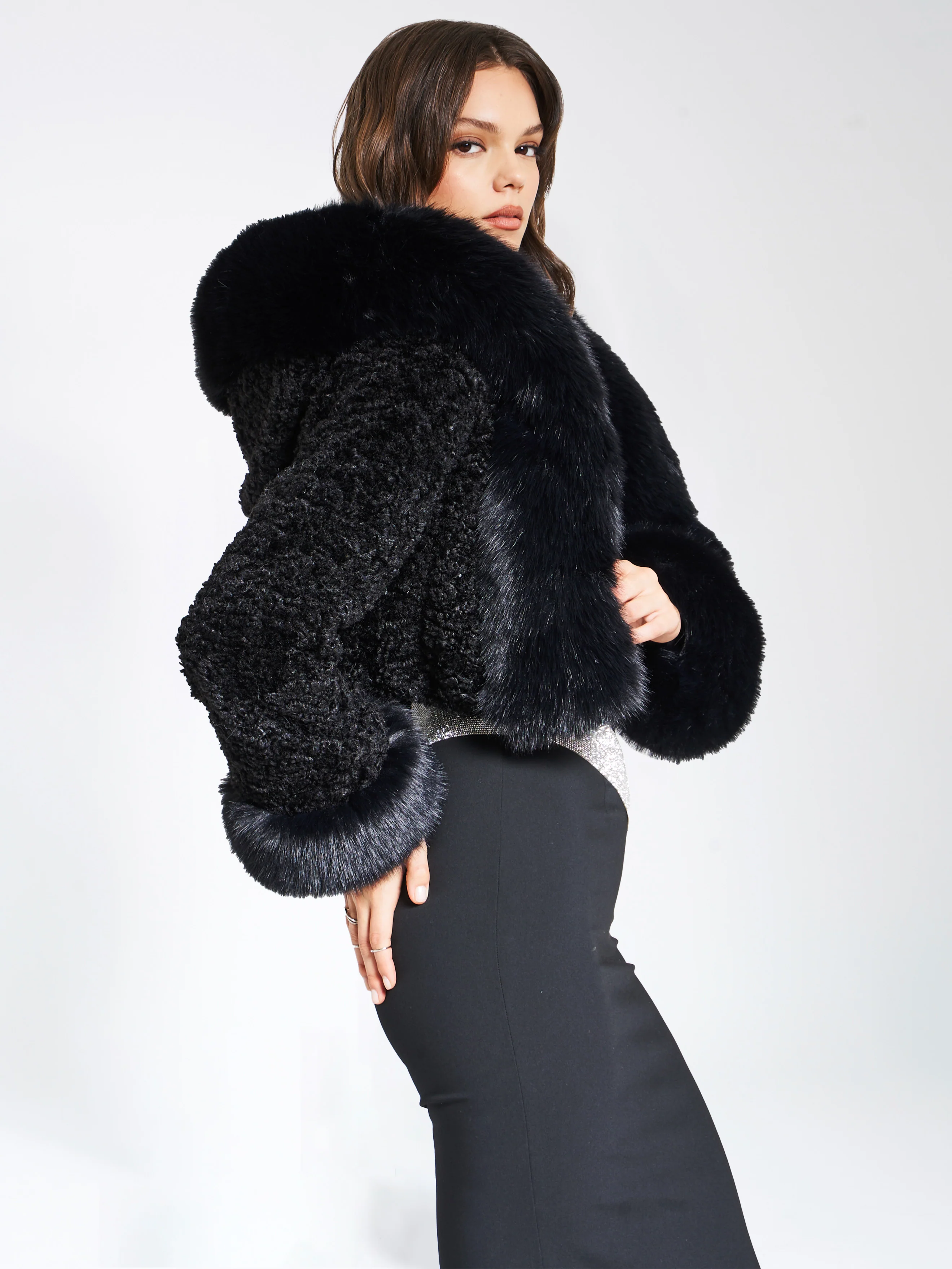 Kali Black Cropped Vegan Fur Jacket With Hood - Image 5