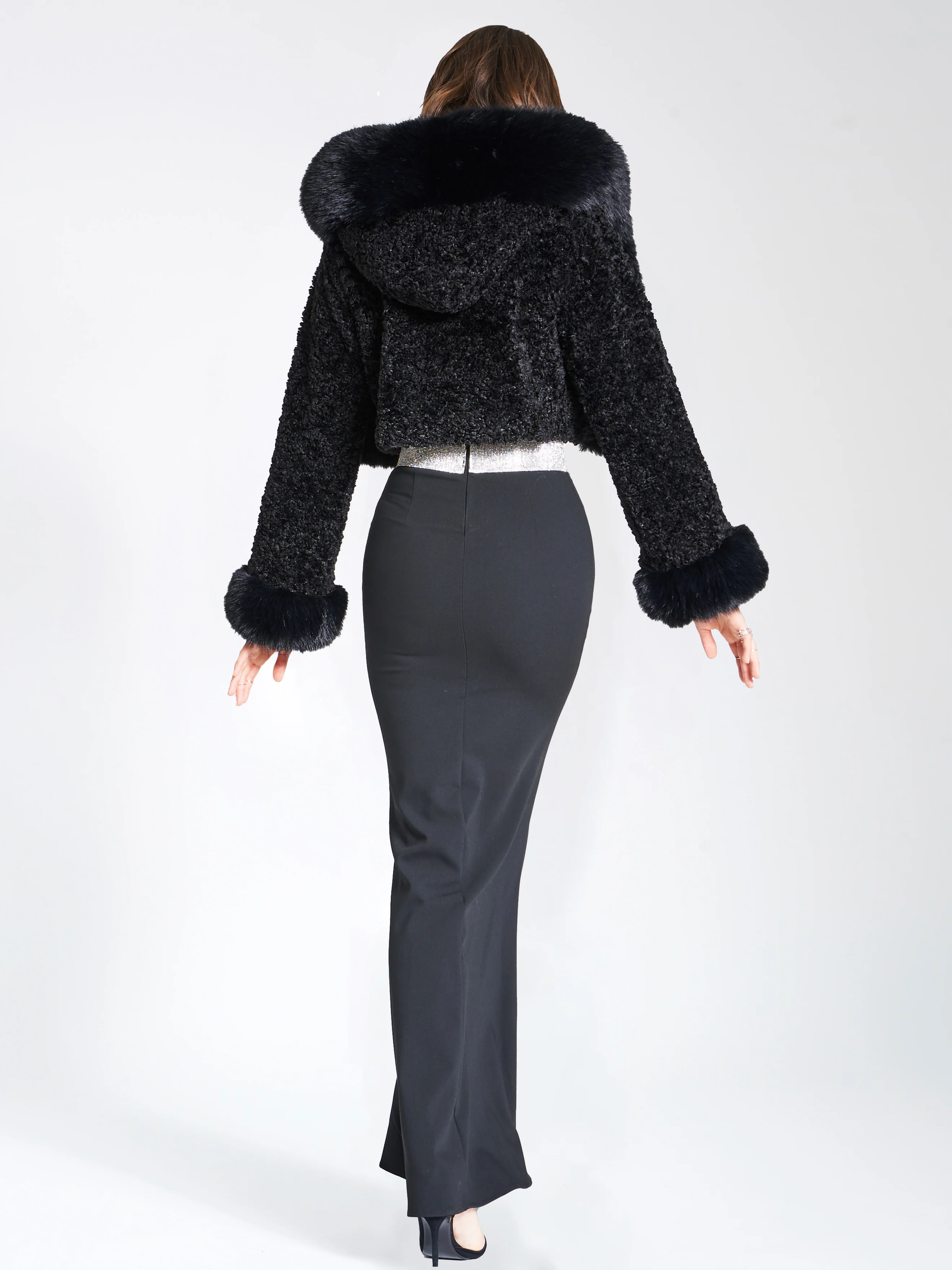 Kali Black Cropped Vegan Fur Jacket With Hood - Image 9