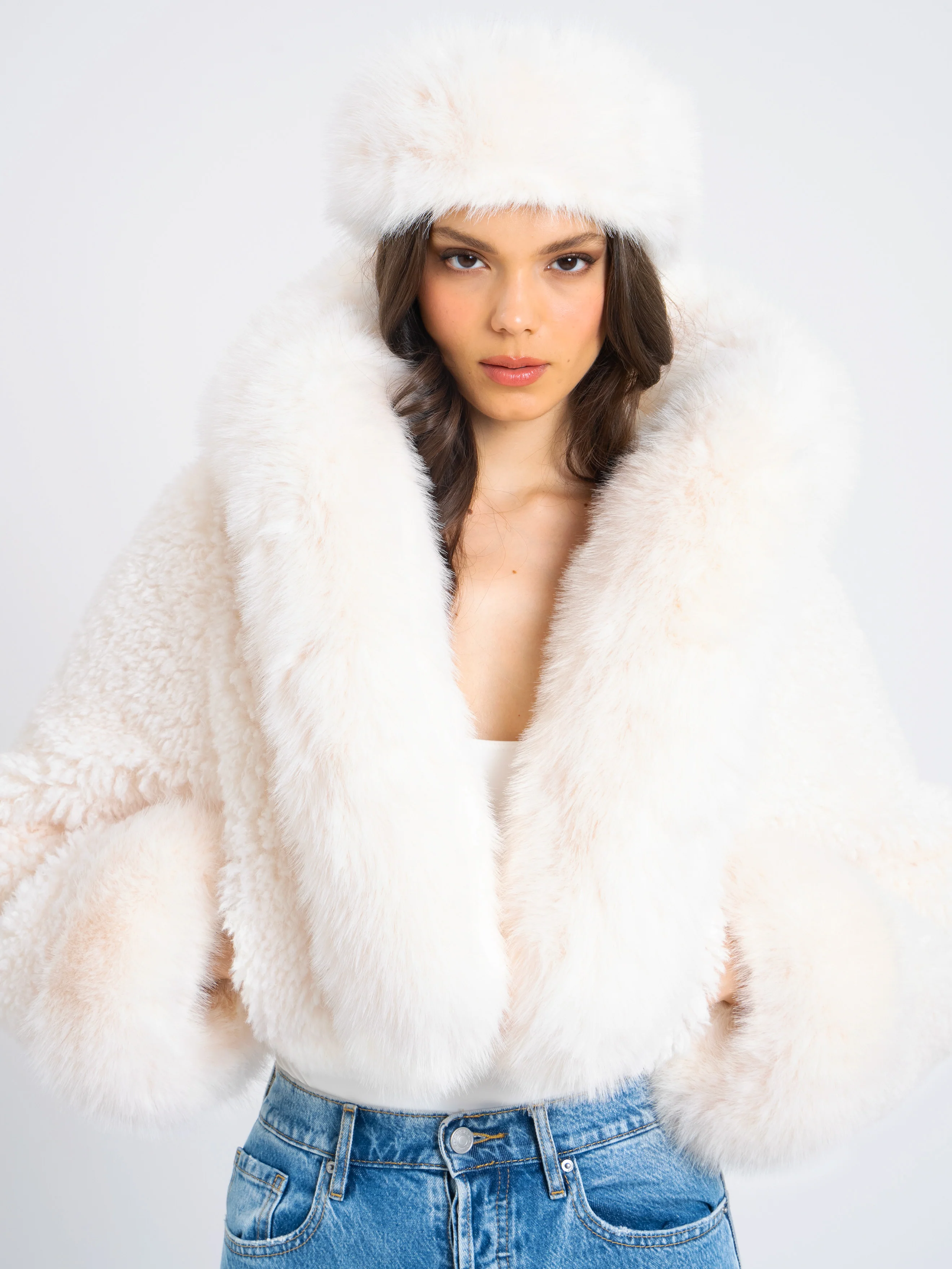 Kali White Cropped Vegan Shearling Fur Jacket - Image 13
