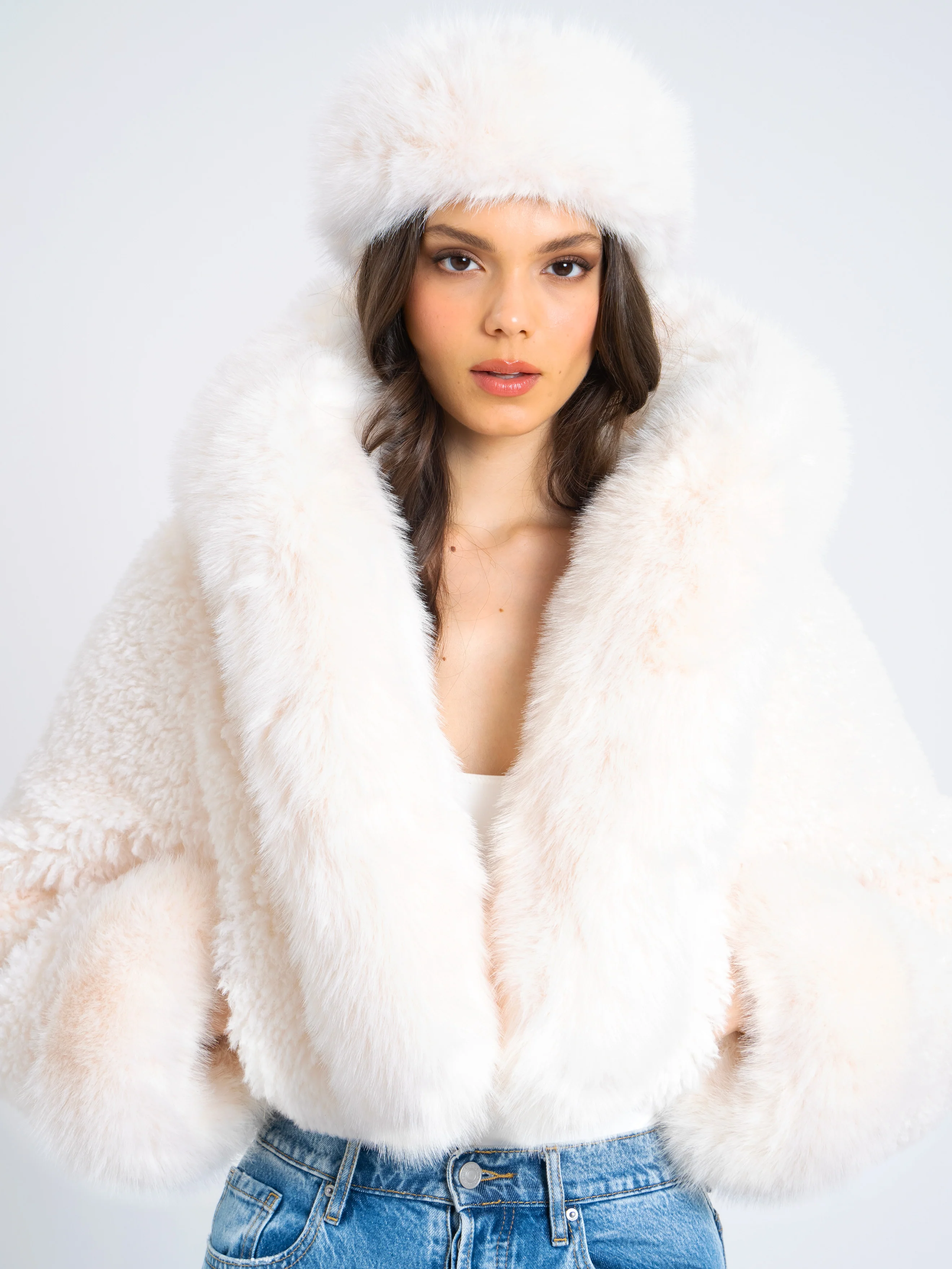 Kali White Cropped Vegan Shearling Fur Jacket - Image 14