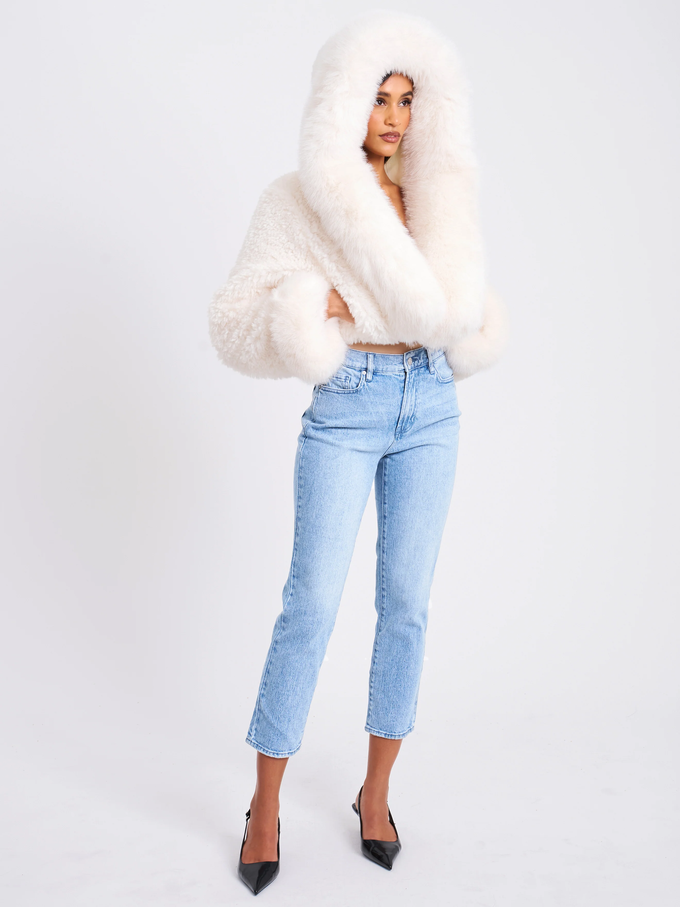 Kali White Cropped Vegan Shearling Fur Jacket - Image 5