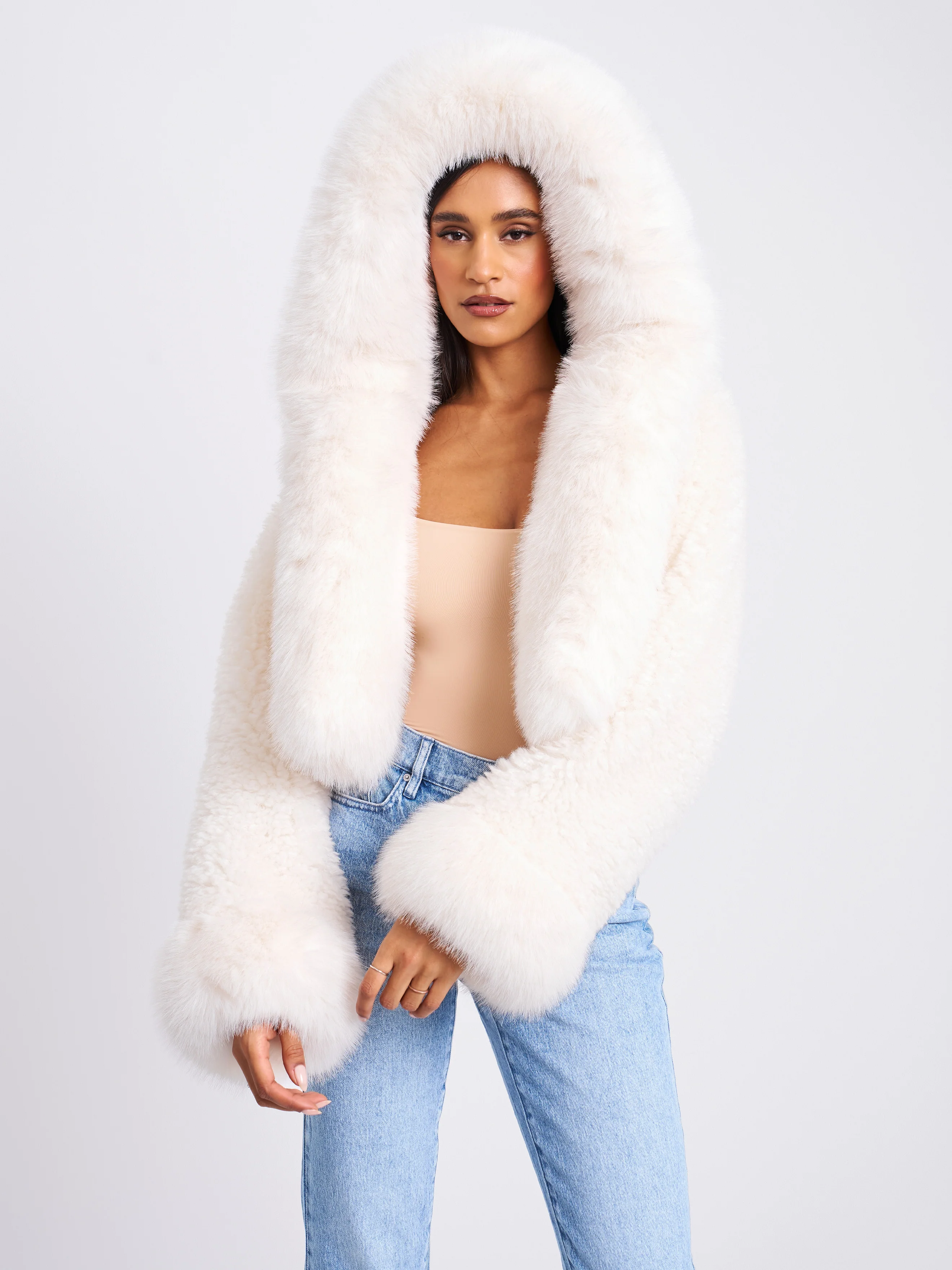 Kali White Cropped Vegan Shearling Fur Jacket - Image 6