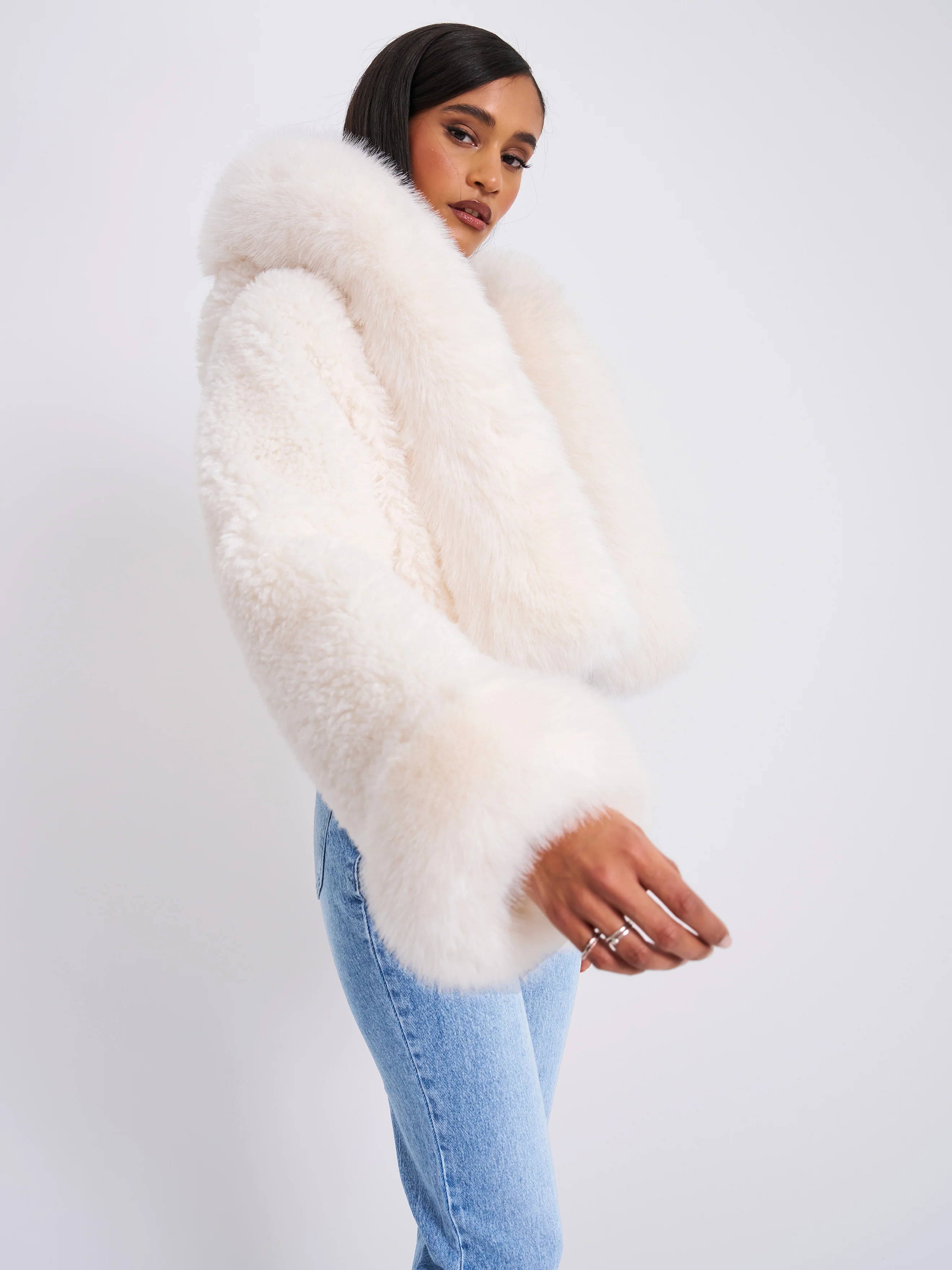 Kali White Cropped Vegan Shearling Fur Jacket - Image 7