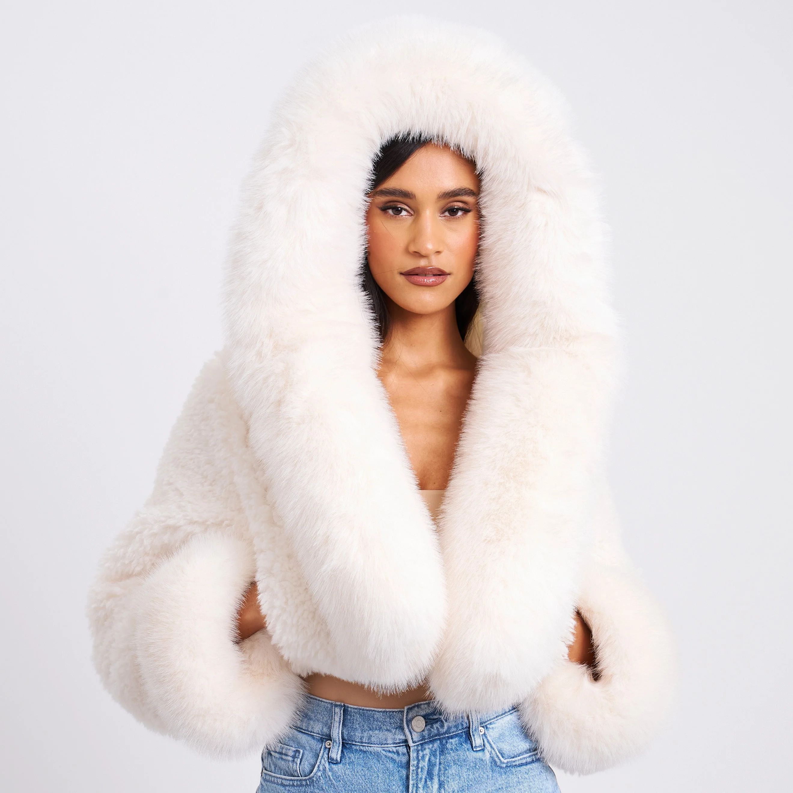 Kali White Cropped Vegan Shearling Fur Jacket - Image 8