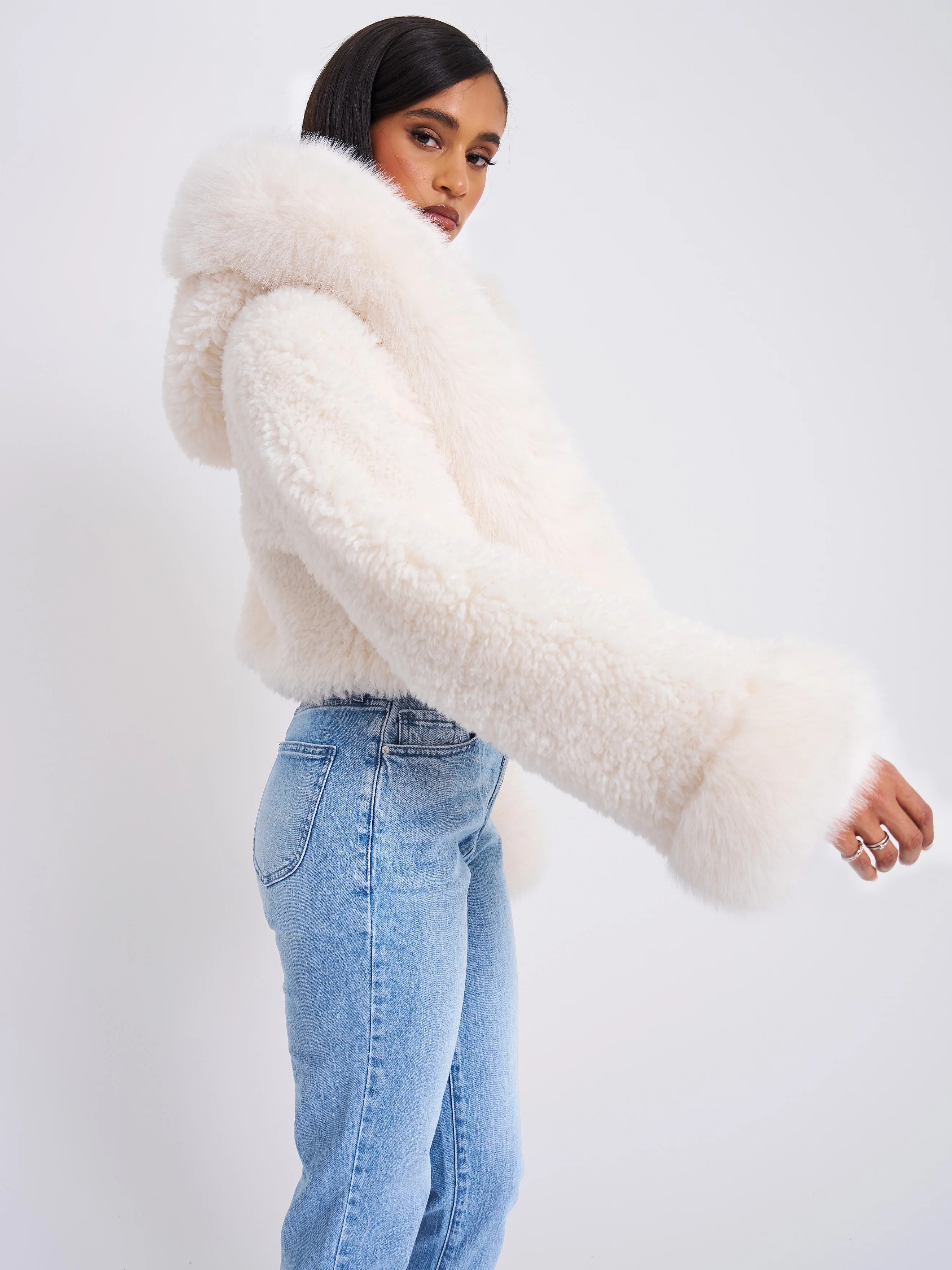 Kali White Cropped Vegan Shearling Fur Jacket - Image 9
