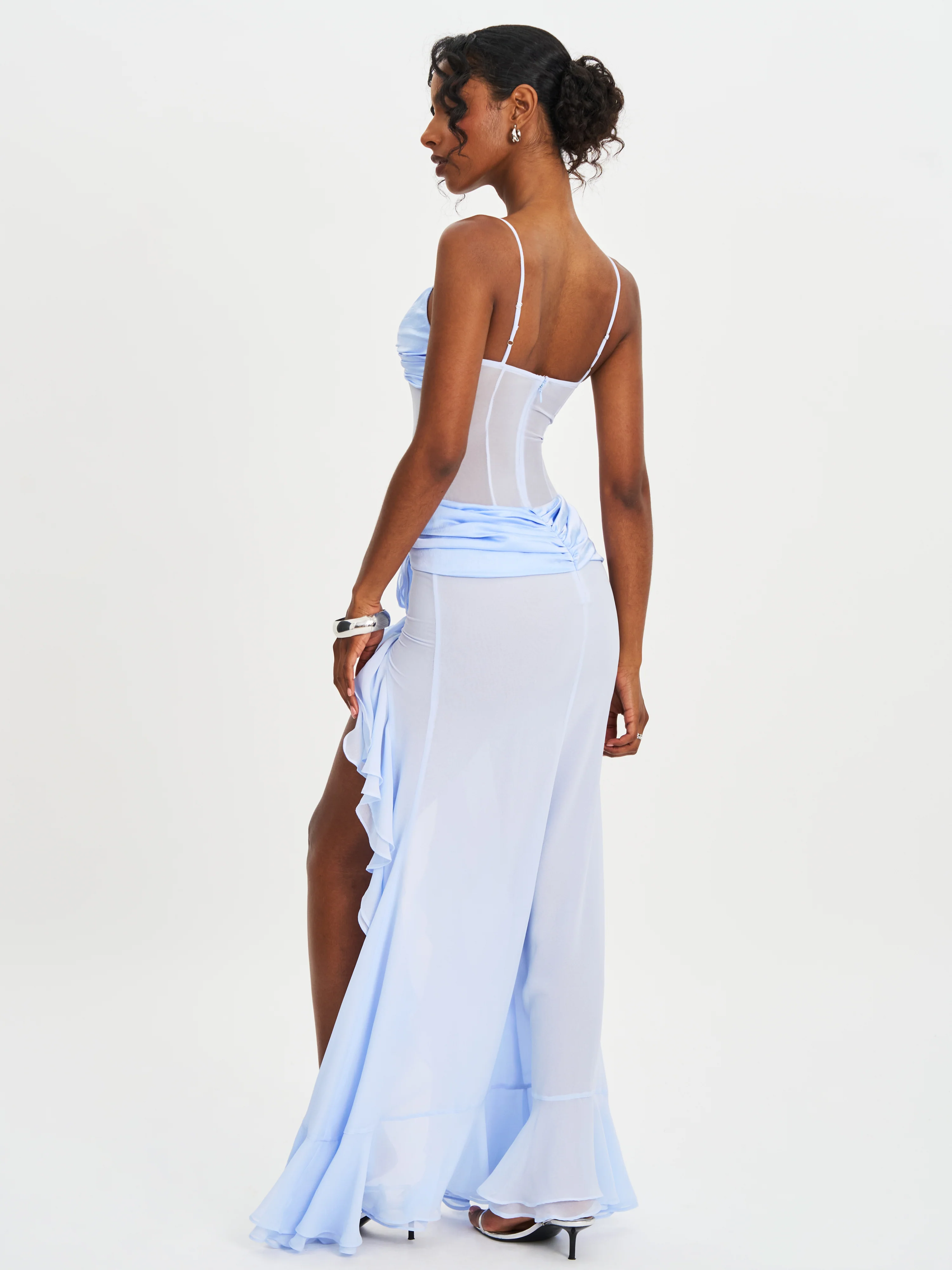 Lacy Blue Ruched Breast High Slit Chiffon Dress - Image 11