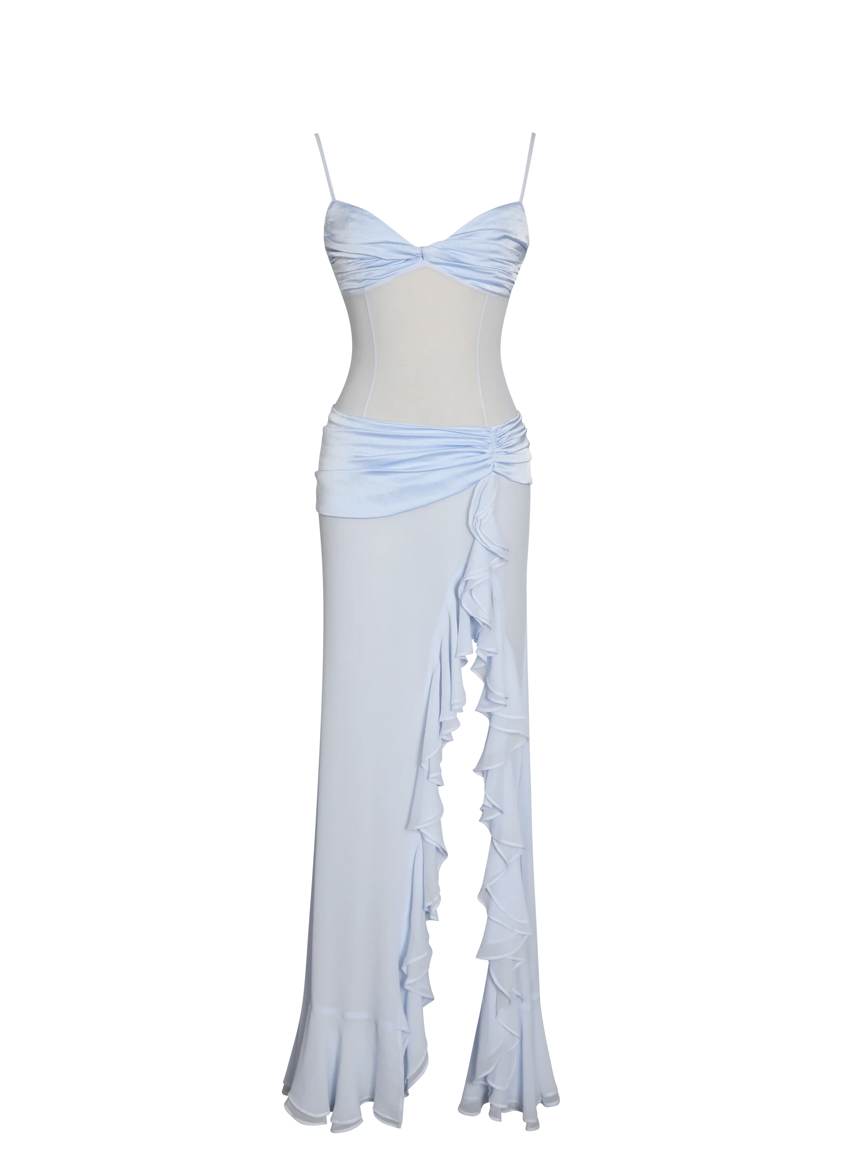 Lacy Blue Ruched Breast High Slit Chiffon Dress - Image 13