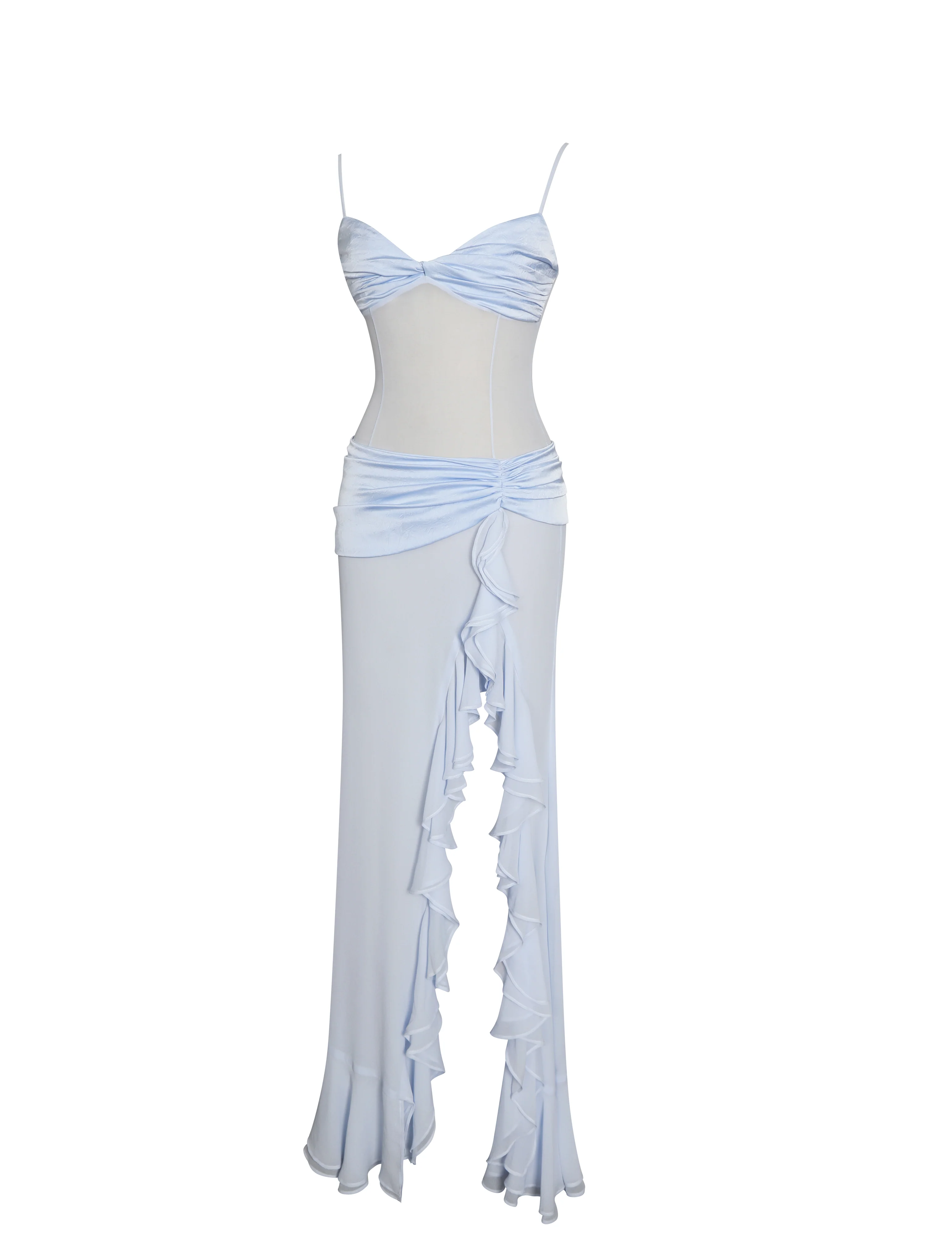Lacy Blue Ruched Breast High Slit Chiffon Dress - Image 14