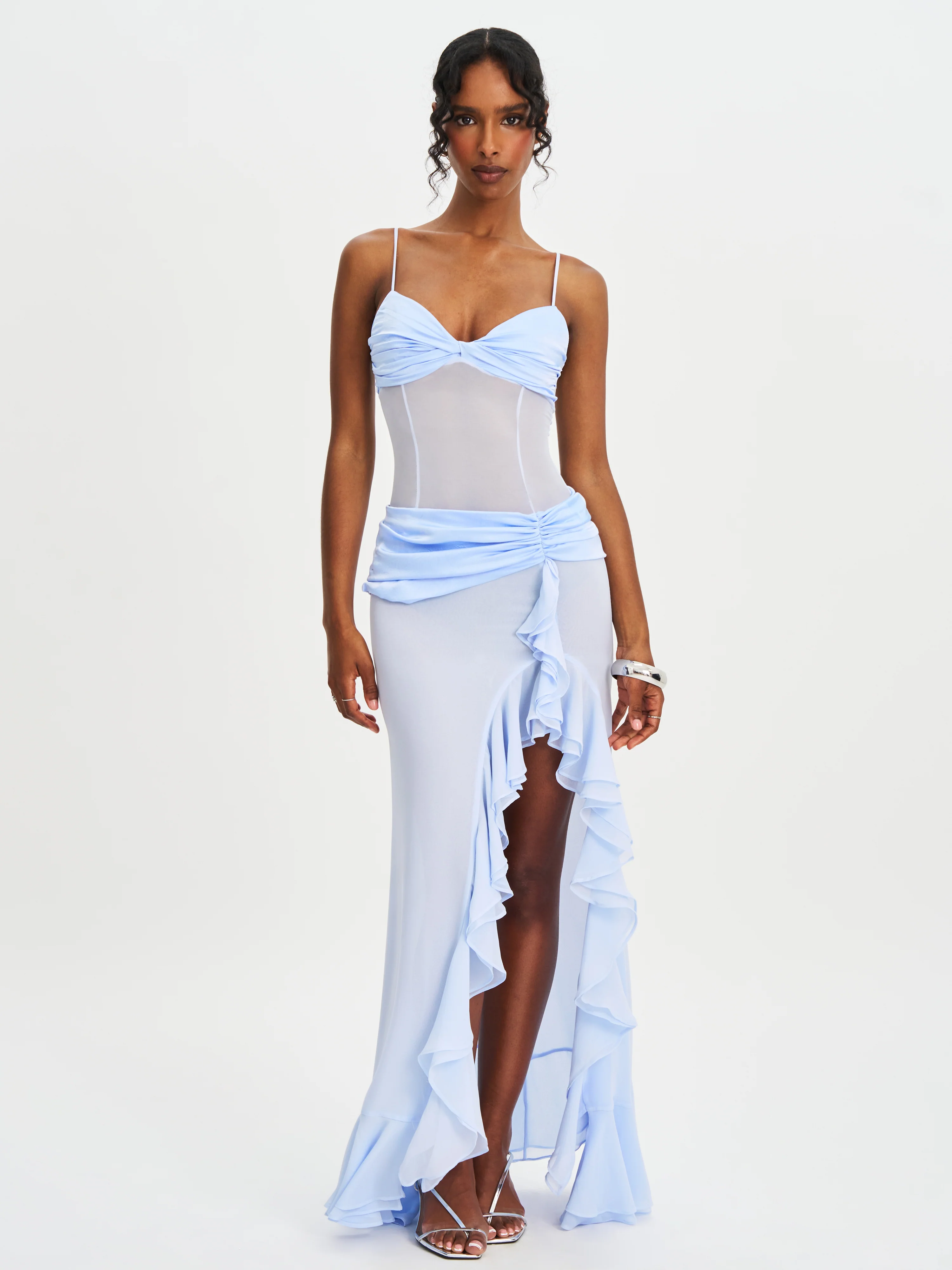 Lacy Blue Ruched Breast High Slit Chiffon Dress - Image 3