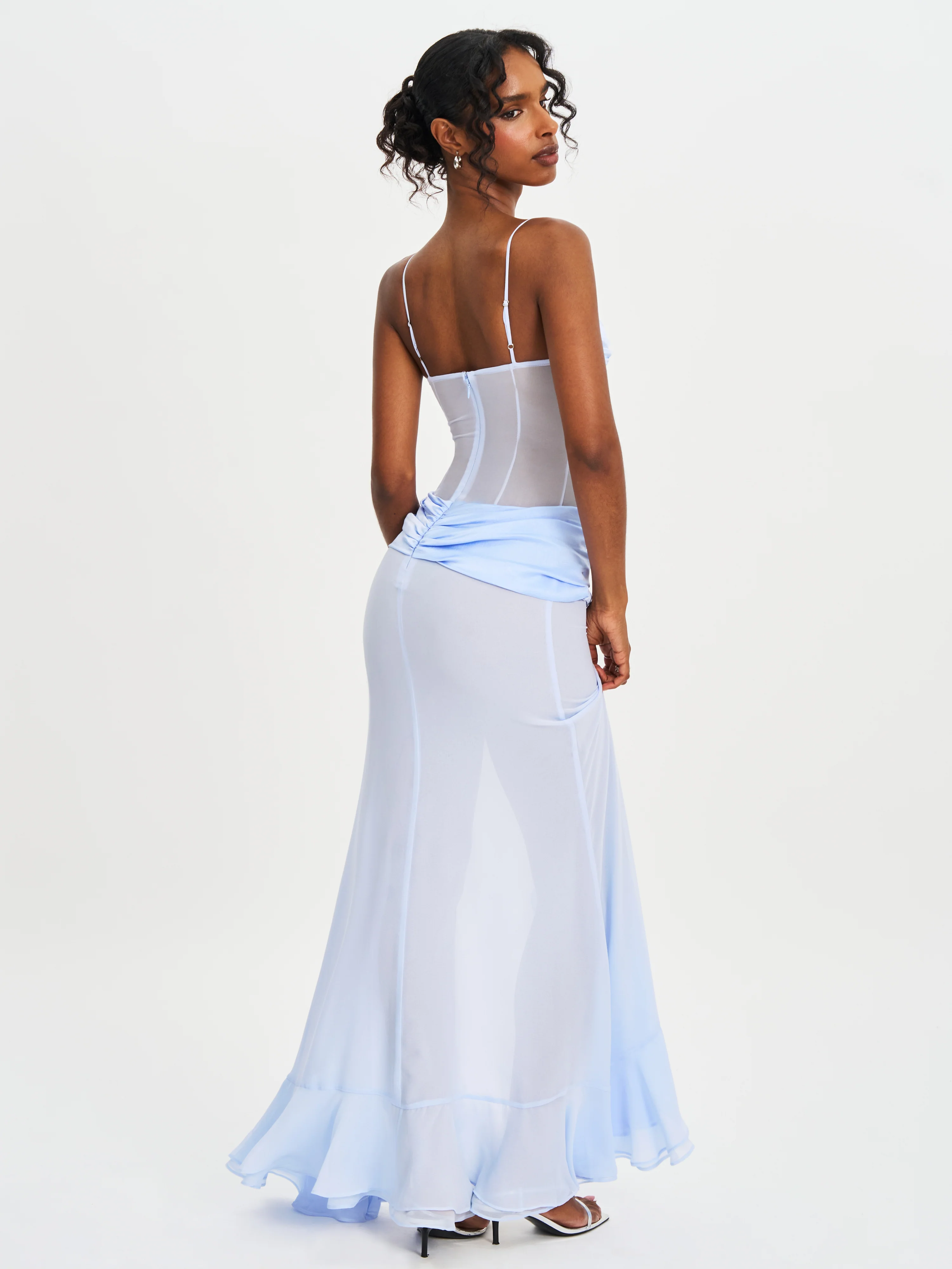 Lacy Blue Ruched Breast High Slit Chiffon Dress - Image 9