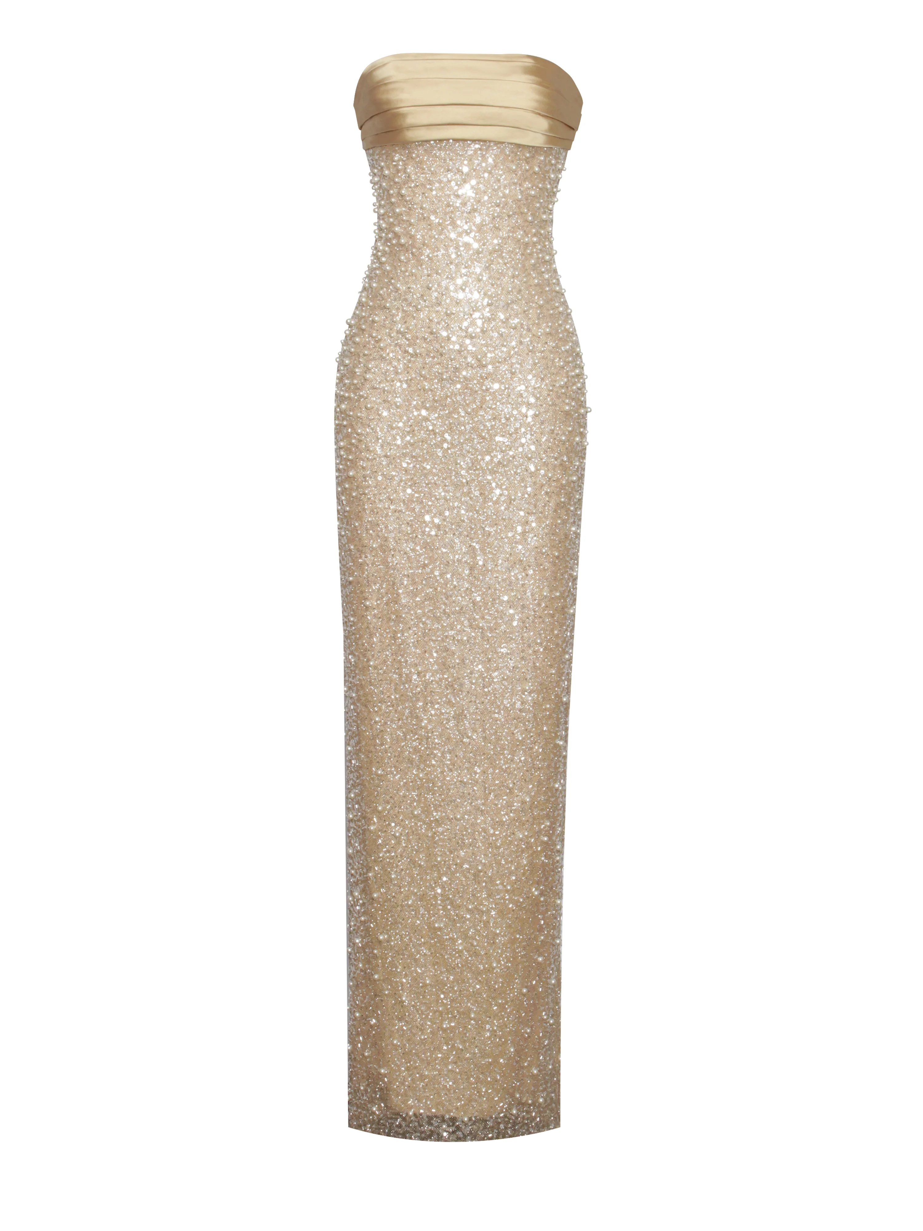 Lainey Gold Satin Sequin Pearls Beaded Maxi Dress - Image 15