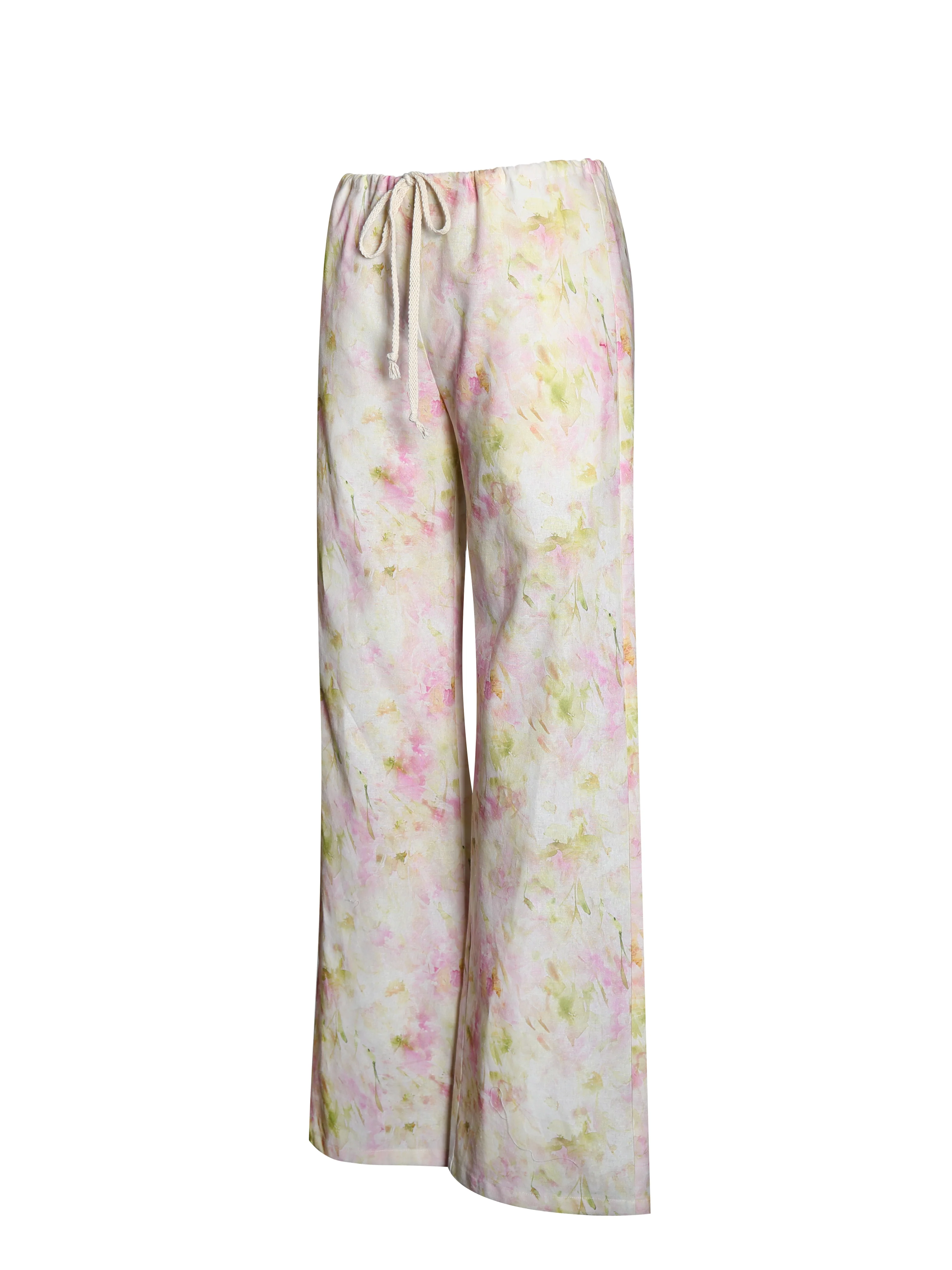 Laureen Pink Floral Print Linen Straight Pants - Image 15