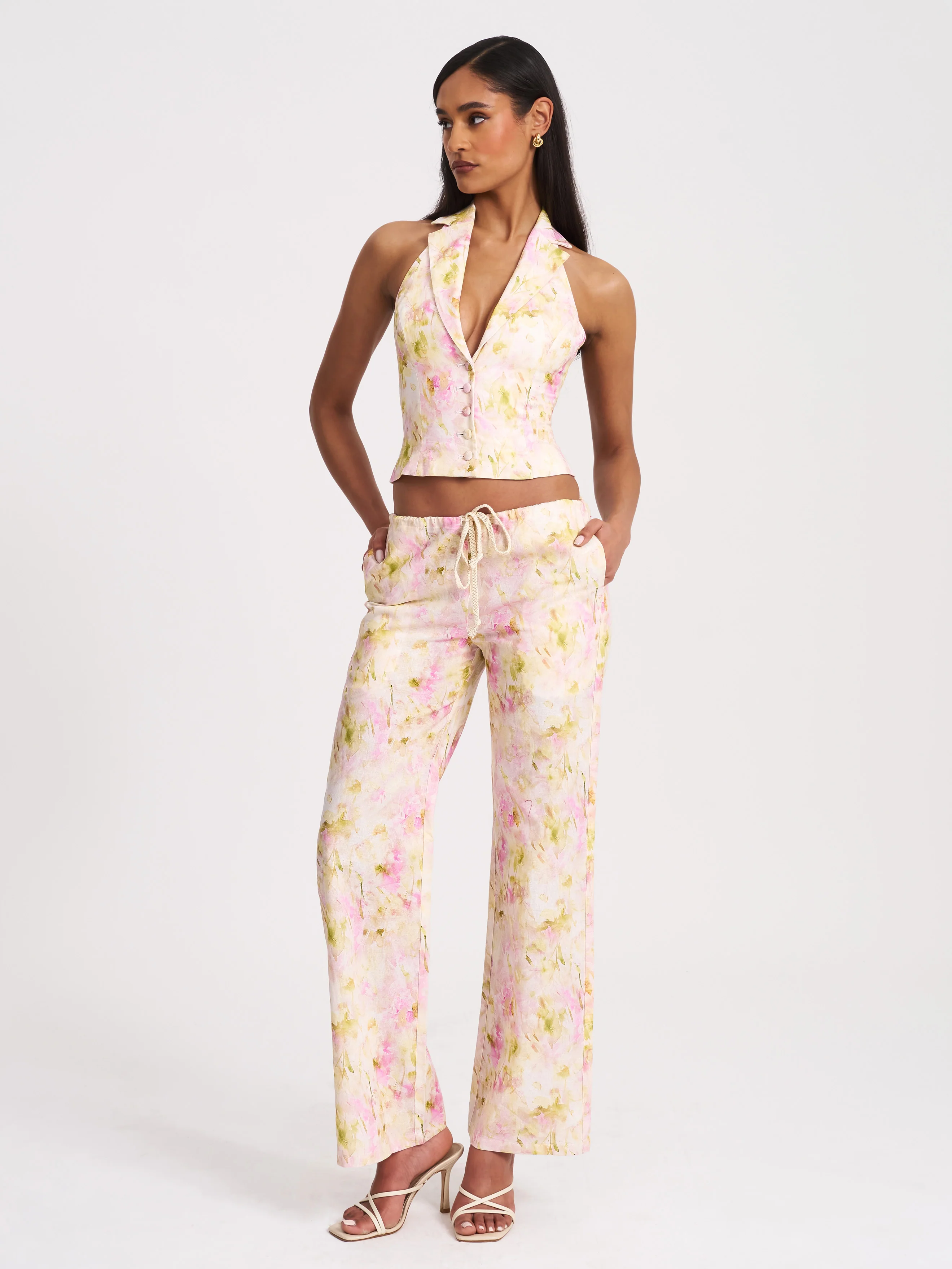 Lauren Pink Floral Print Ruched Back Linen Suit Vest - Image 10