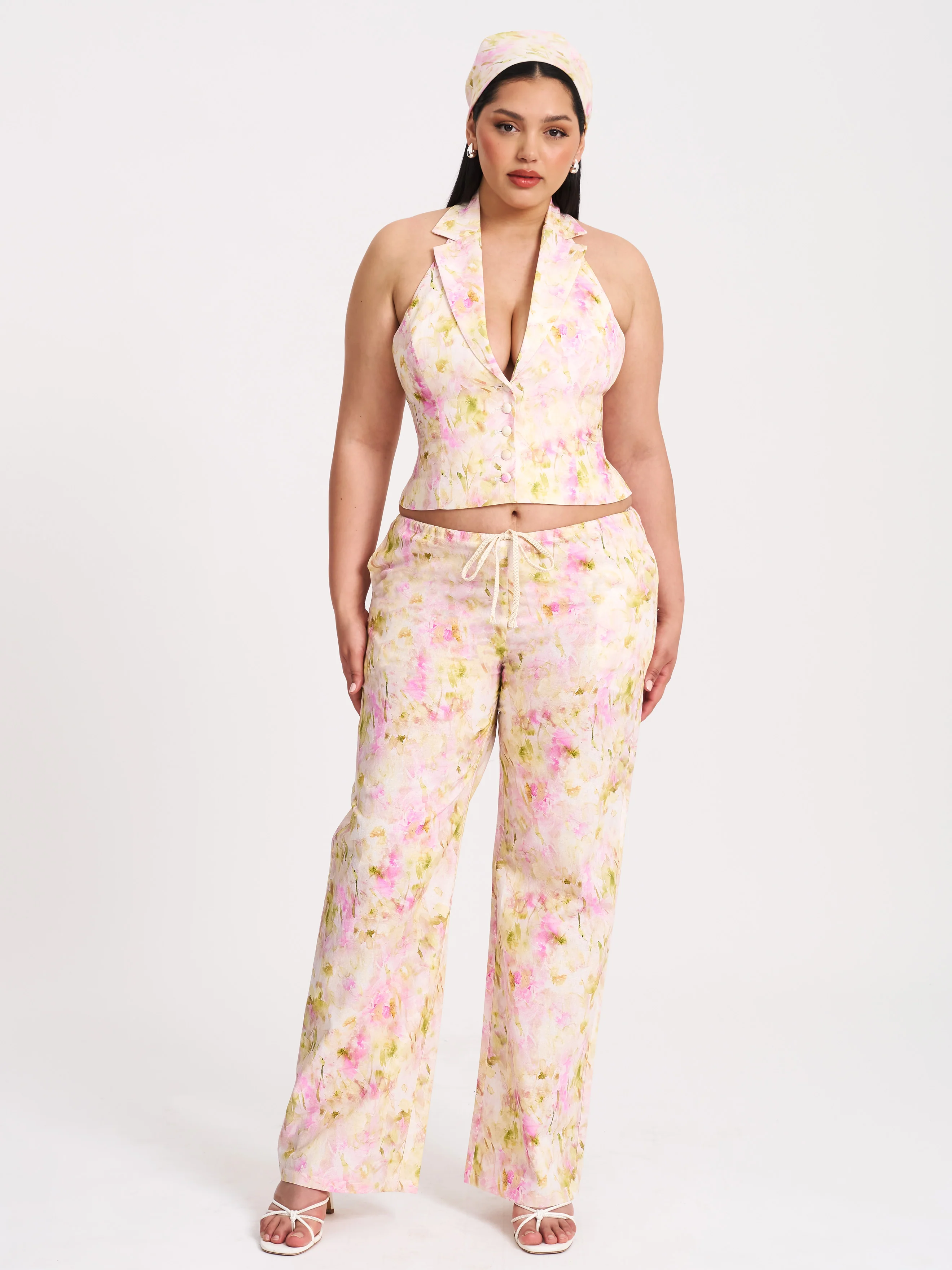 Lauren Pink Floral Print Ruched Back Linen Suit Vest - Image 11