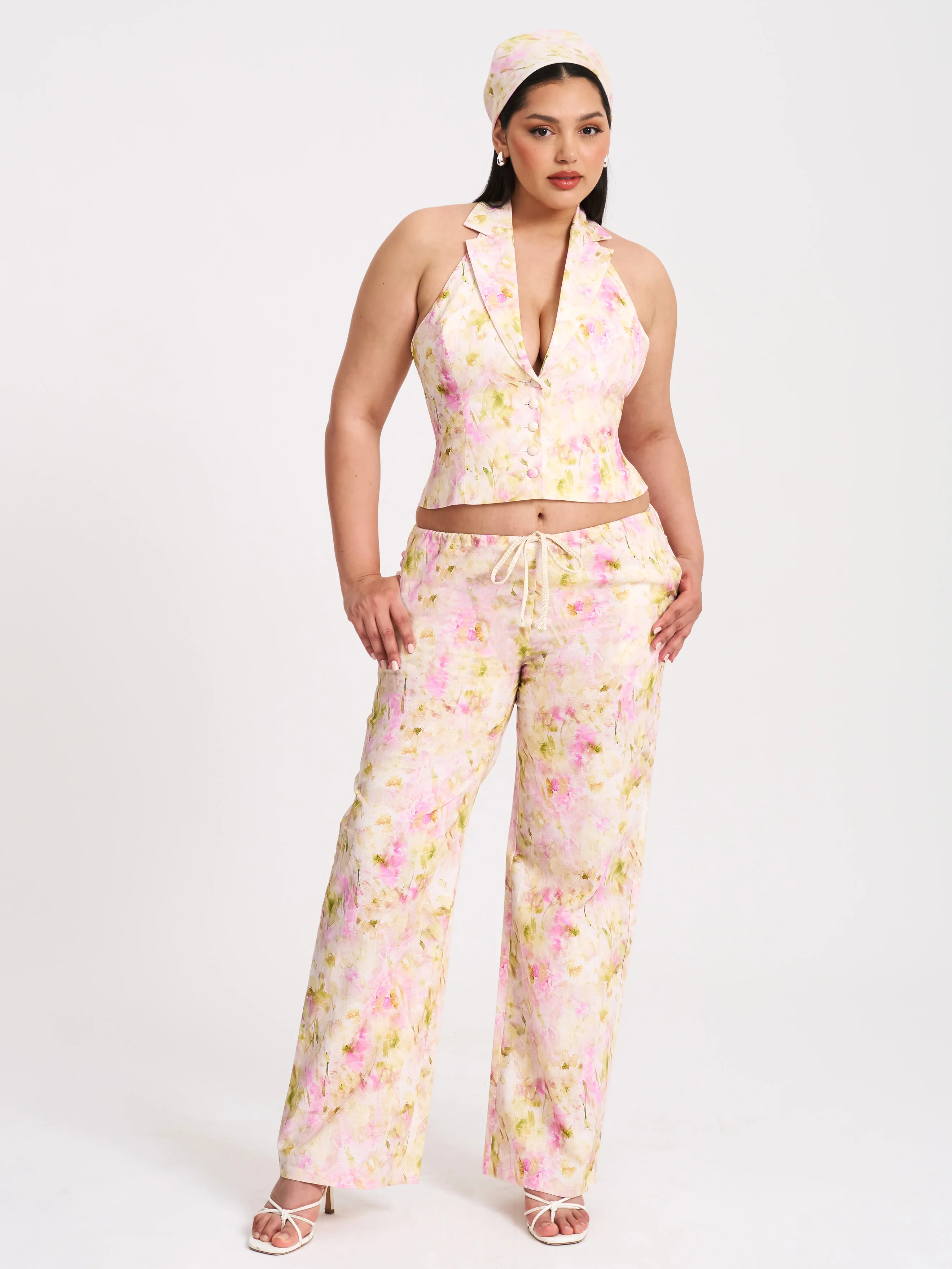 Lauren Pink Floral Print Ruched Back Linen Suit Vest - Image 12