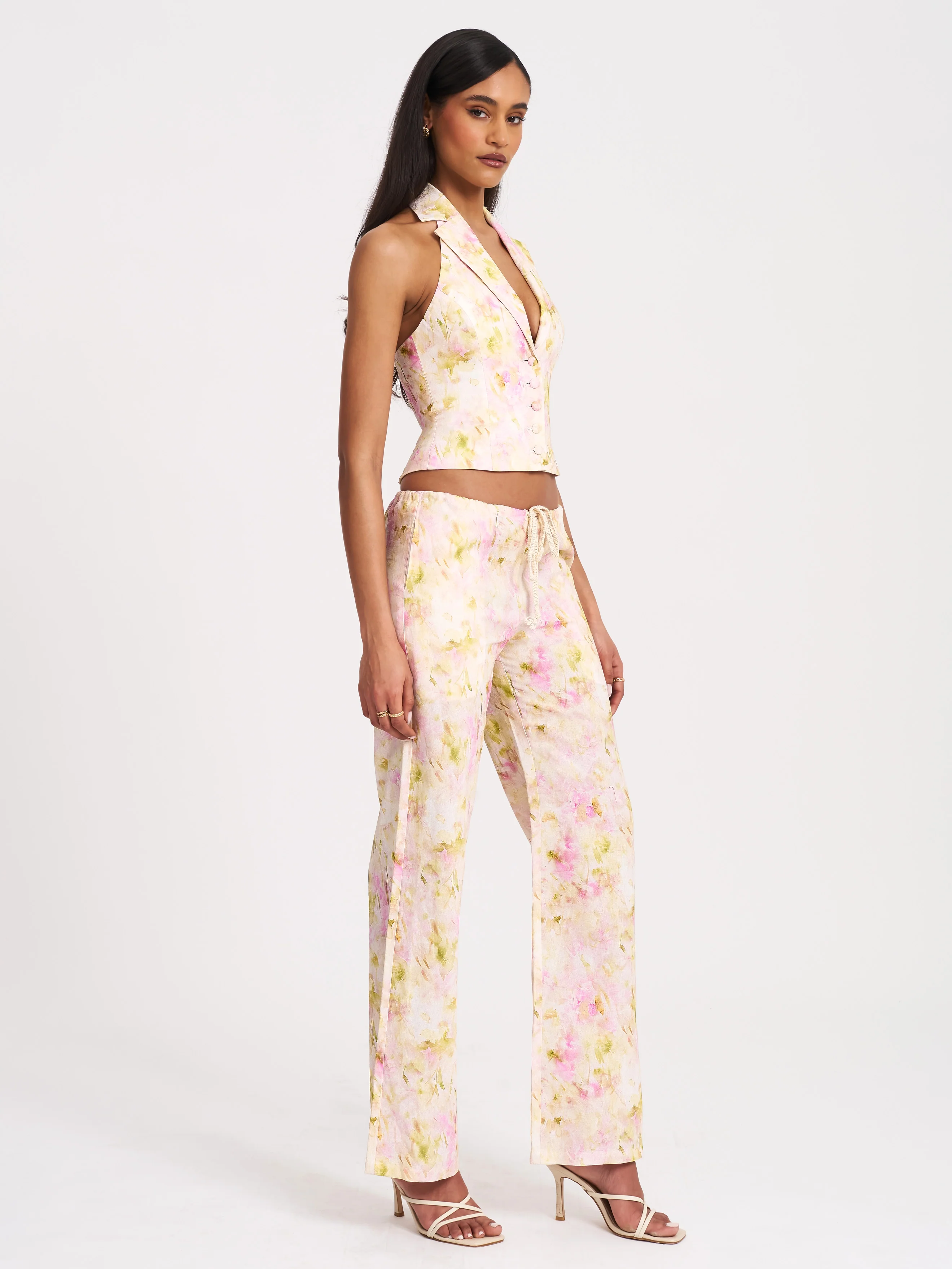 Lauren Pink Floral Print Ruched Back Linen Suit Vest - Image 13