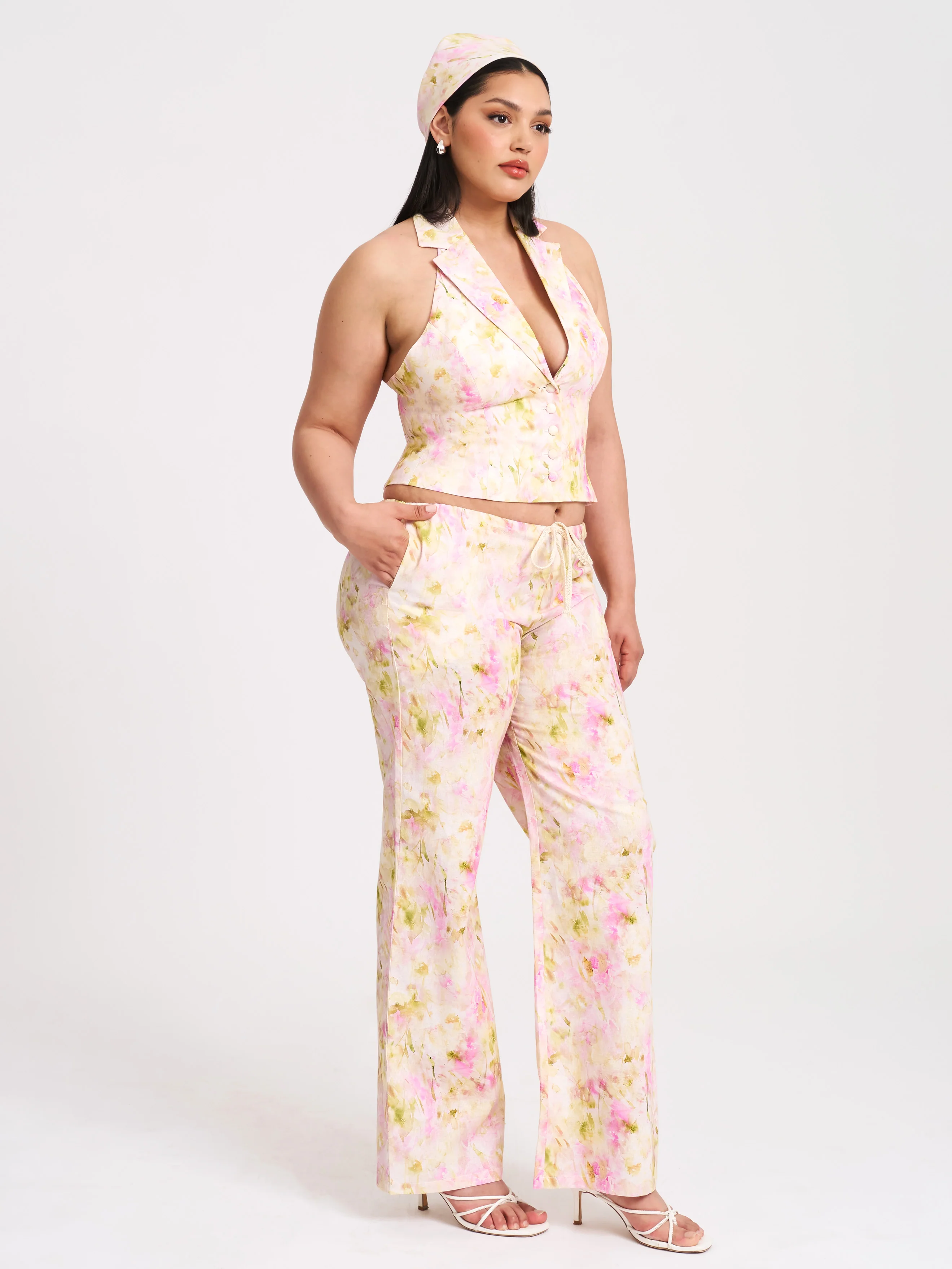 Lauren Pink Floral Print Ruched Back Linen Suit Vest - Image 16