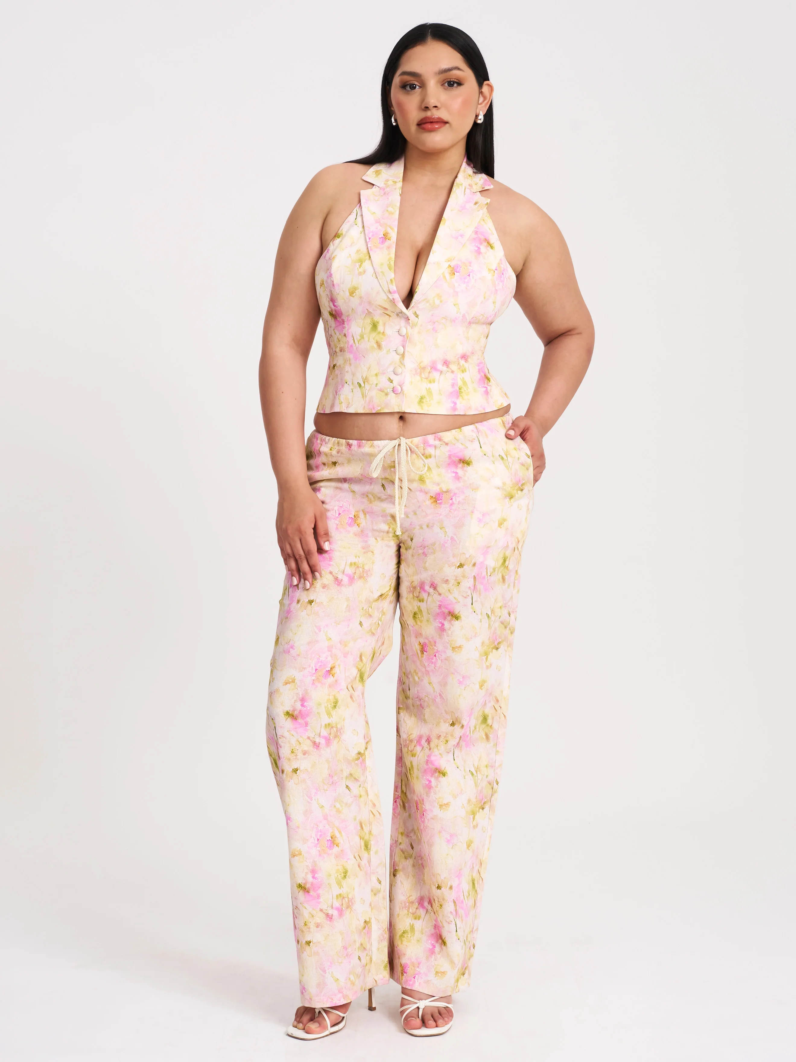 Lauren Pink Floral Print Ruched Back Linen Suit Vest - Image 17