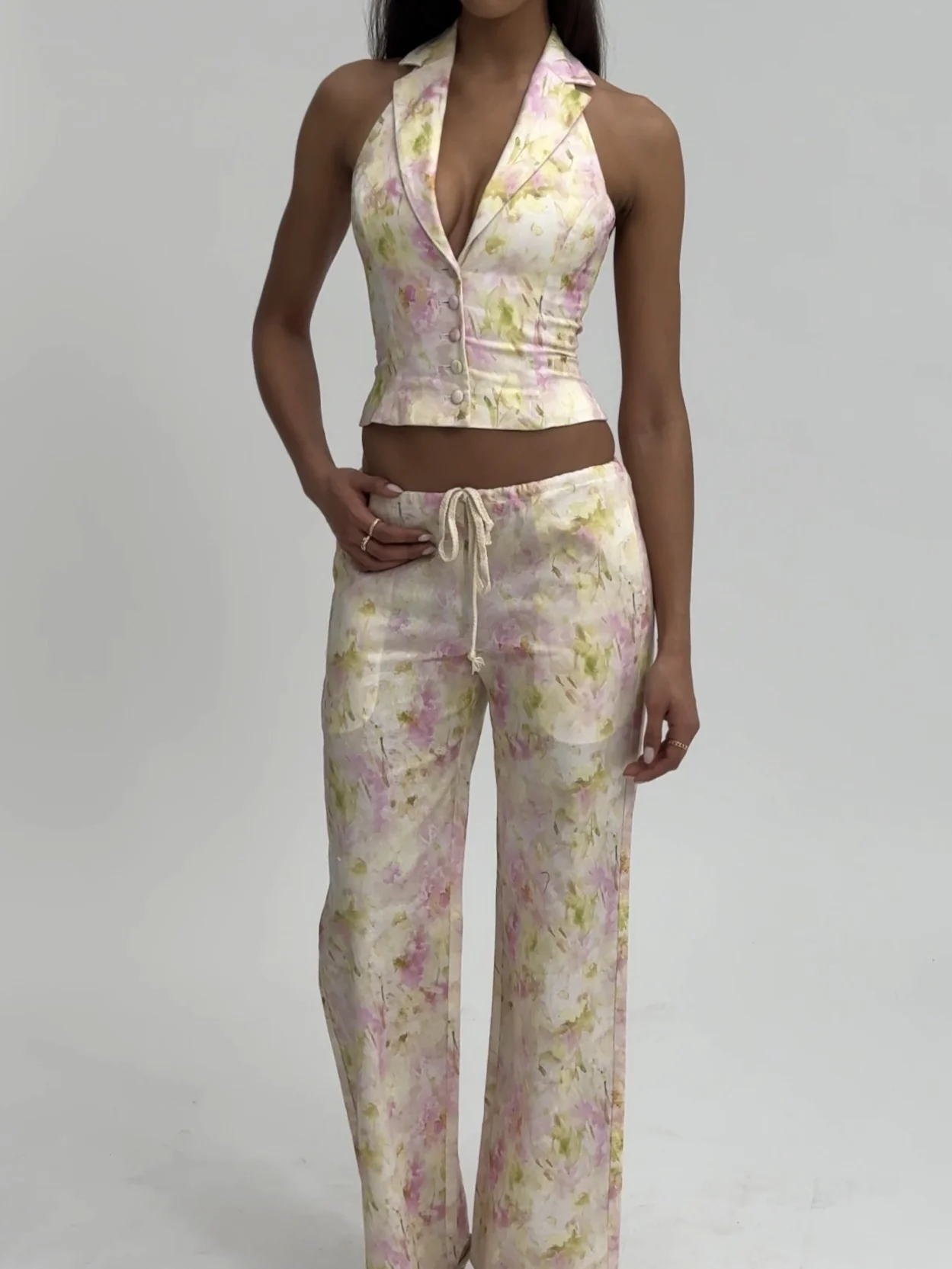 Lauren Pink Floral Print Ruched Back Linen Suit Vest - Image 19
