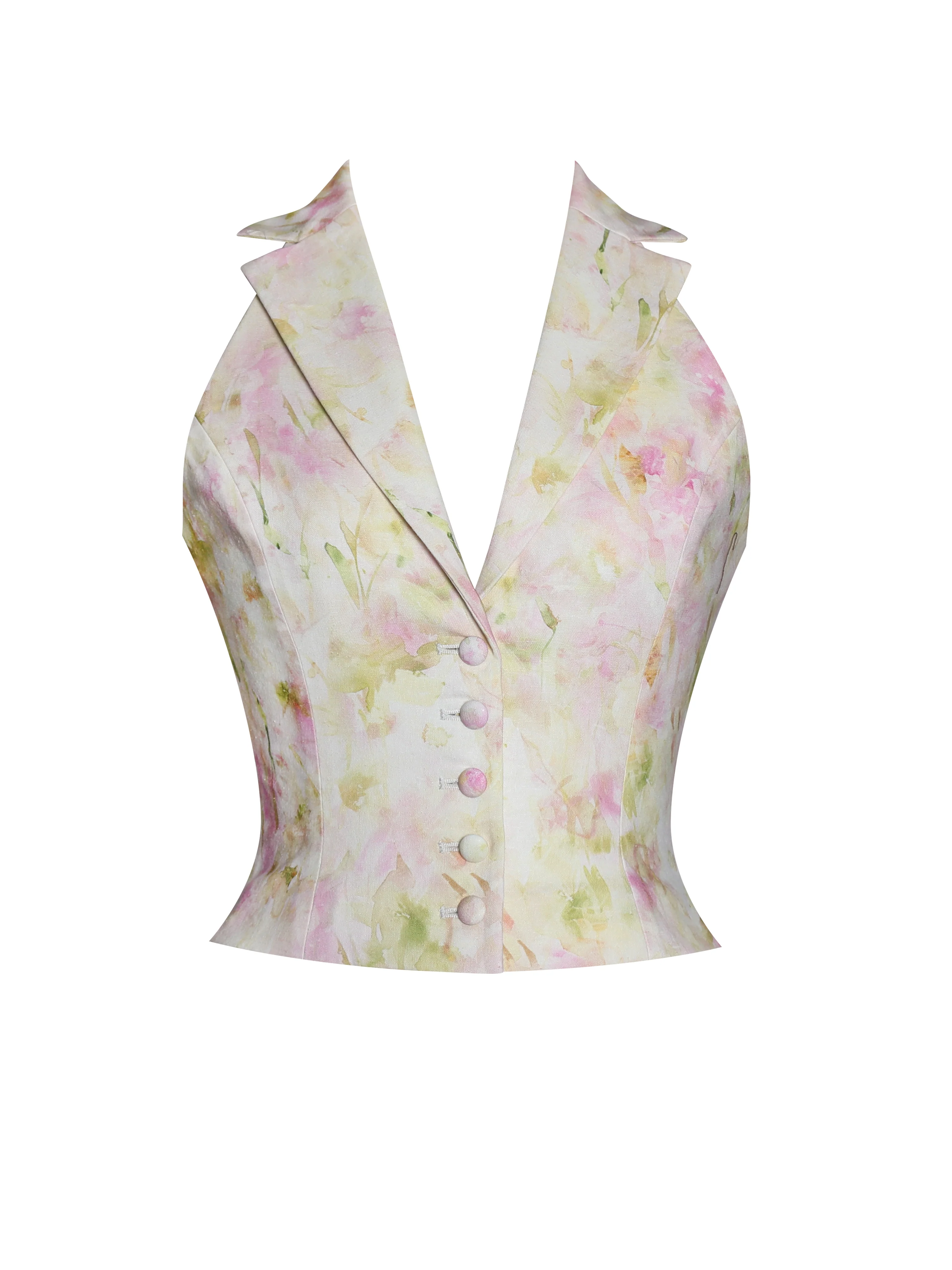 Lauren Pink Floral Print Ruched Back Linen Suit Vest - Image 20
