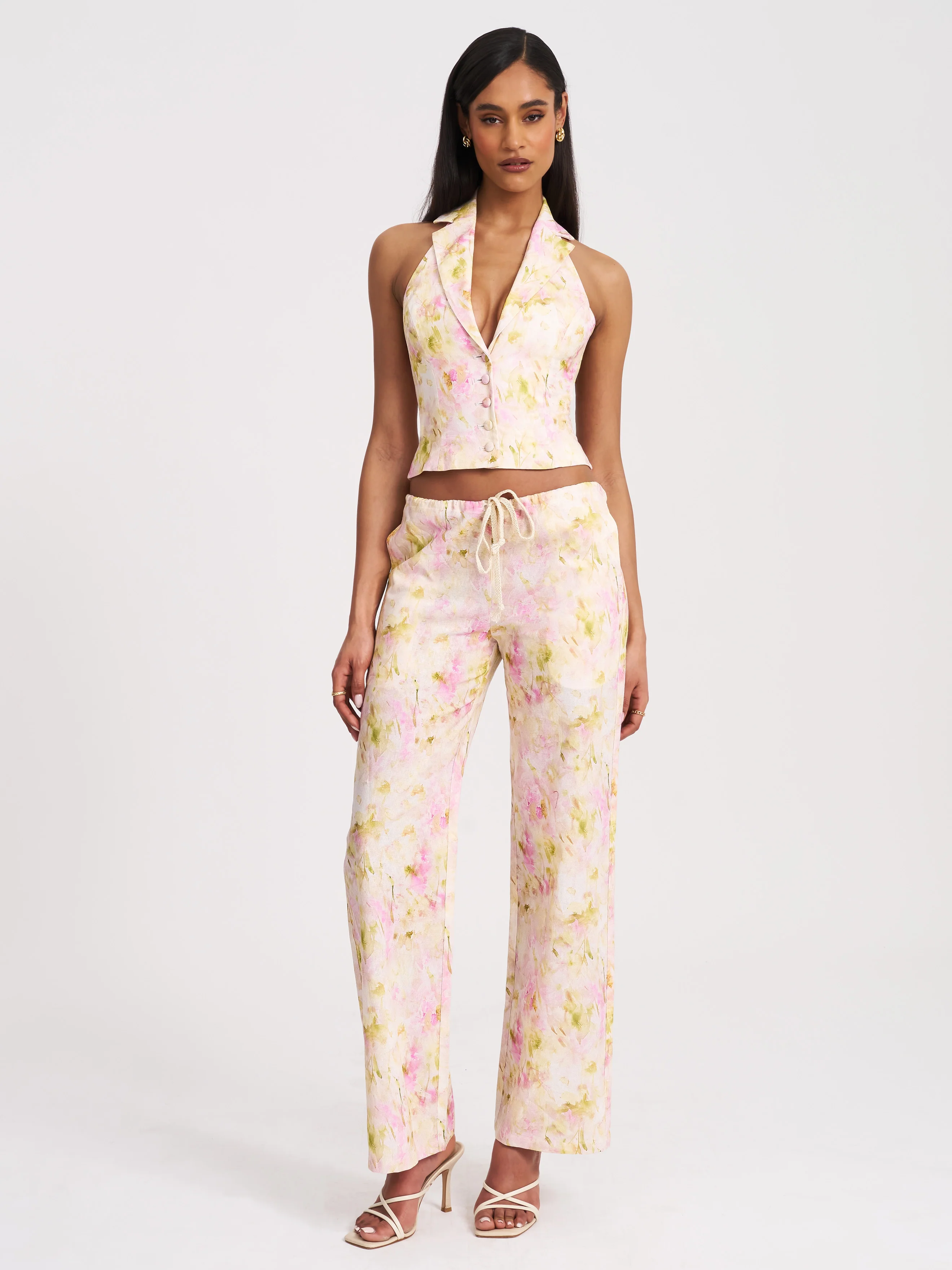Lauren Pink Floral Print Ruched Back Linen Suit Vest - Image 4