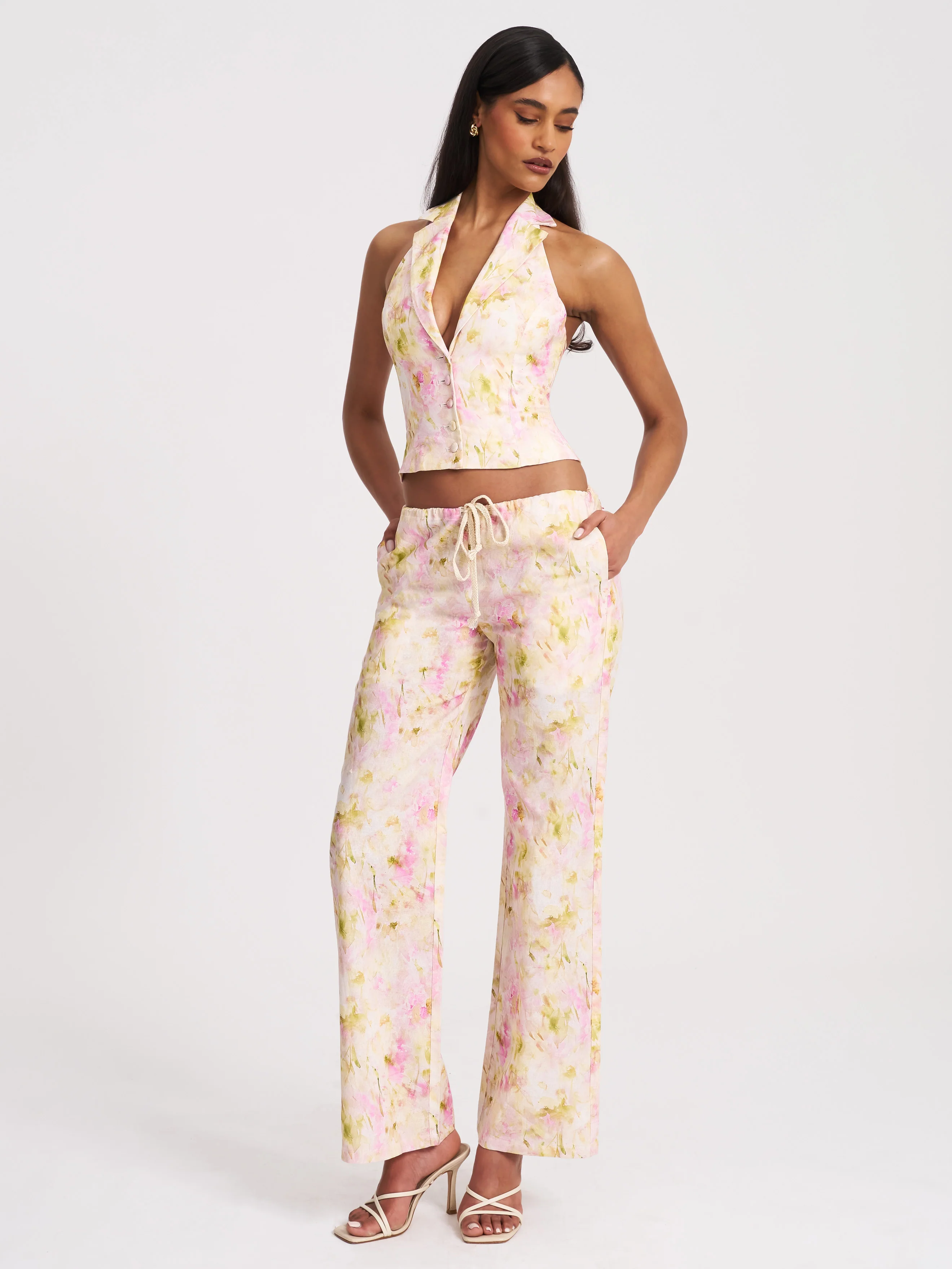Lauren Pink Floral Print Ruched Back Linen Suit Vest - Image 6