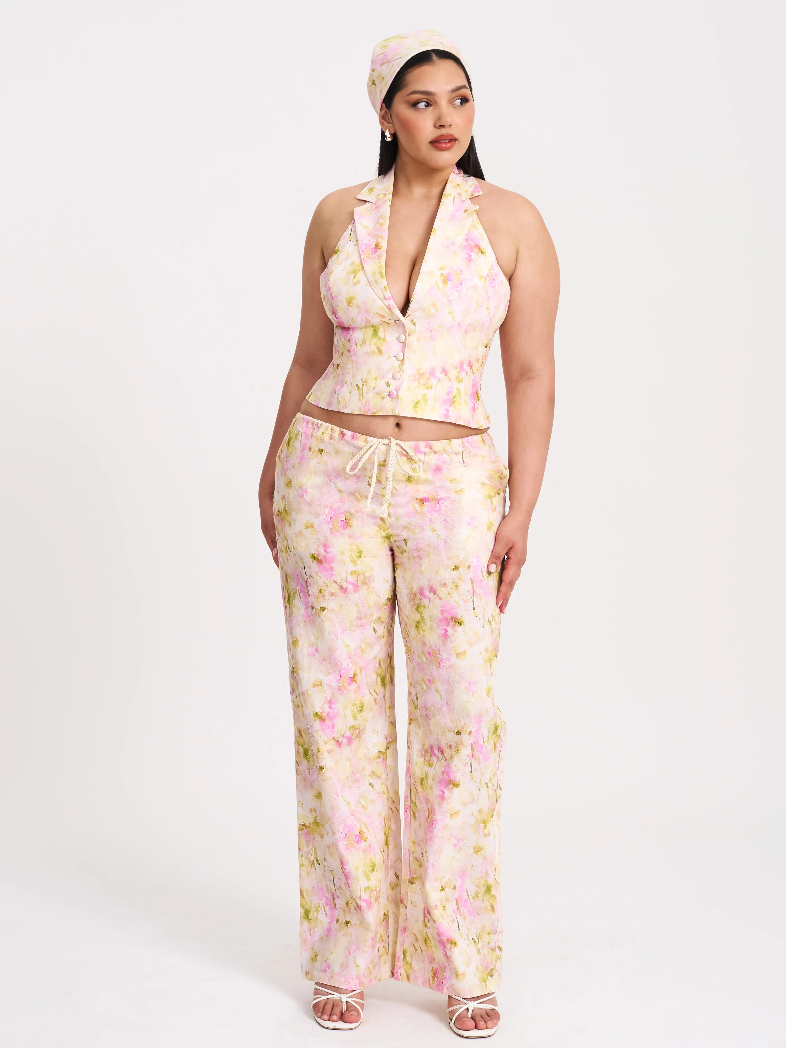 Lauren Pink Floral Print Ruched Back Linen Suit Vest - Image 8
