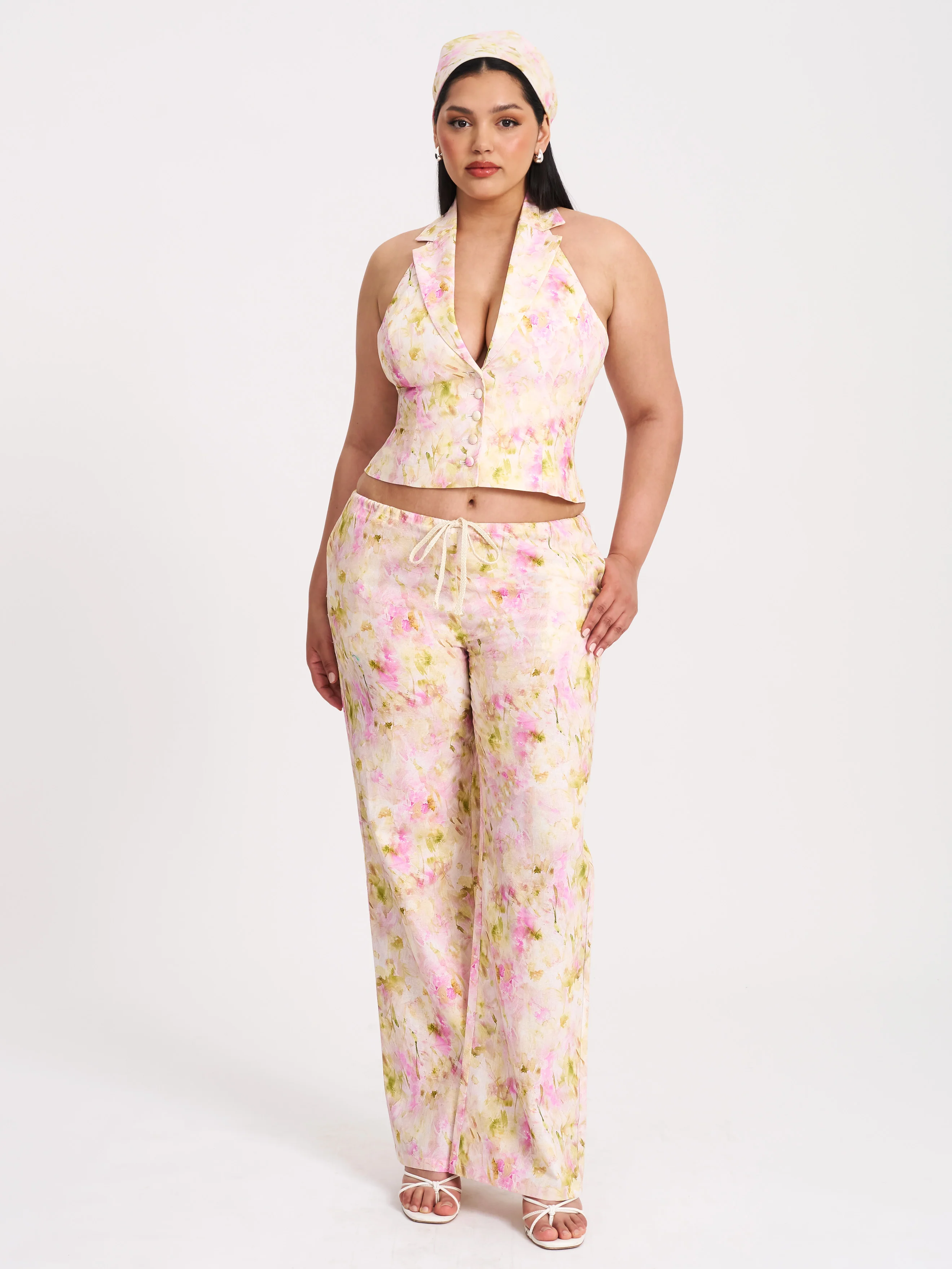 Lauren Pink Floral Print Ruched Back Linen Suit Vest - Image 9
