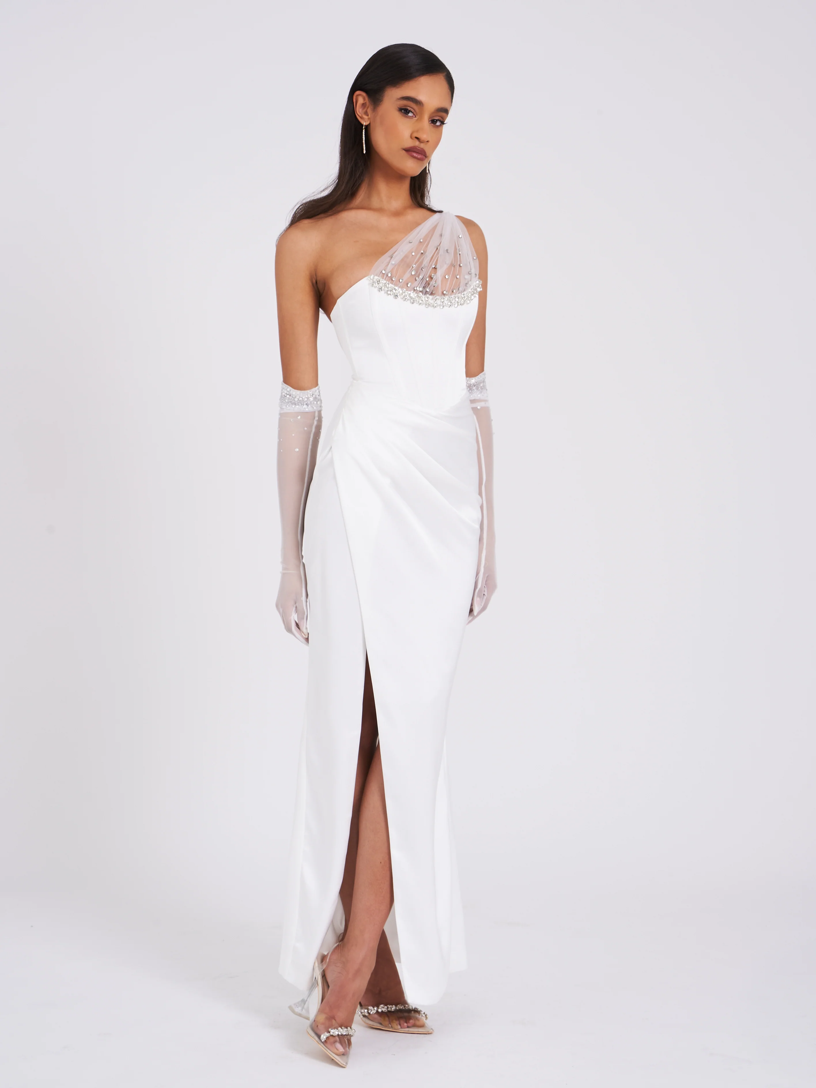 Lora White Crystal Embellished Mesh Satin Corset Gown - Image 3