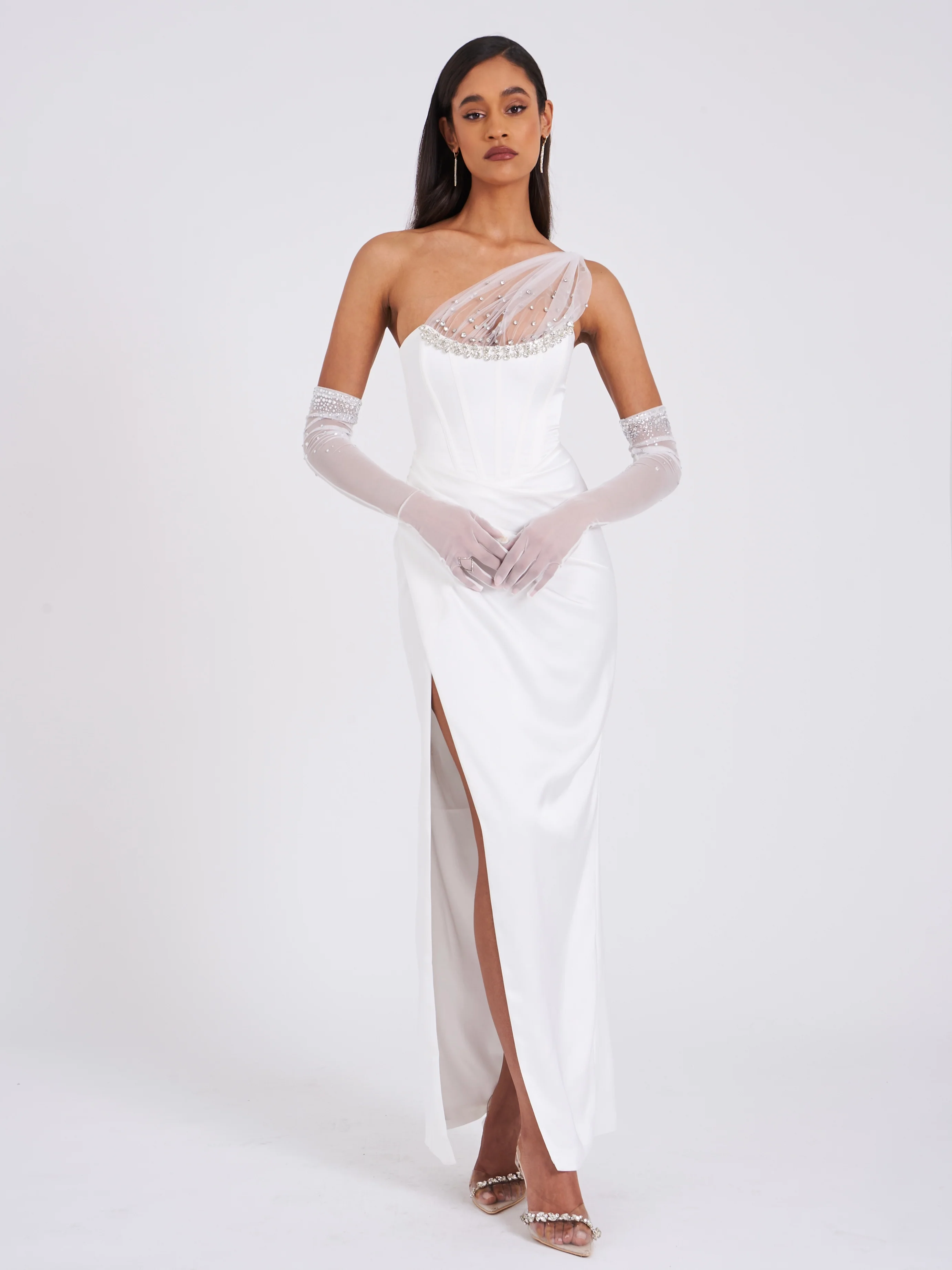 Lora White Crystal Embellished Mesh Satin Corset Gown - Image 4