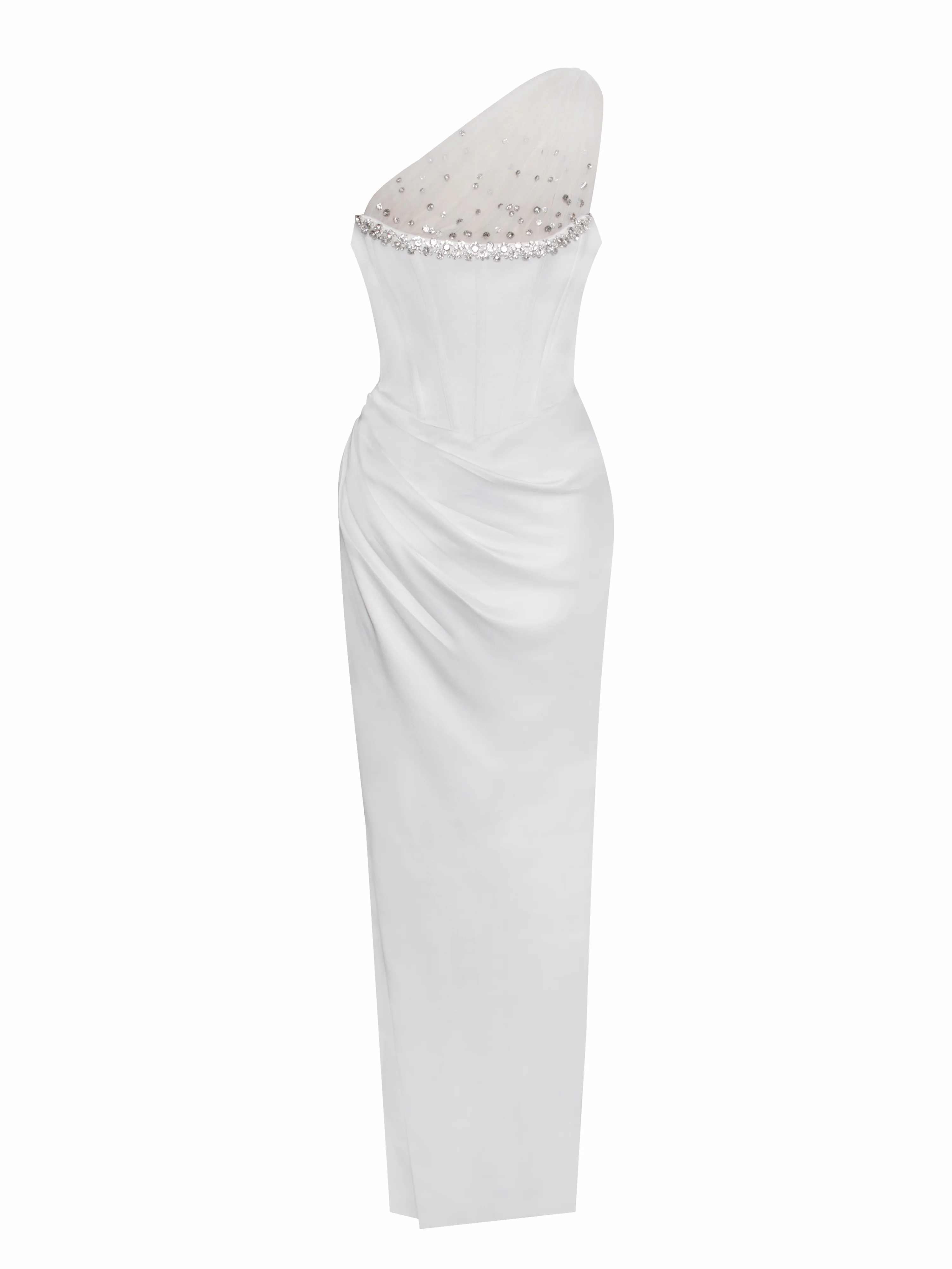 Lora White Crystal Embellished Mesh Satin Corset Gown - Image 6