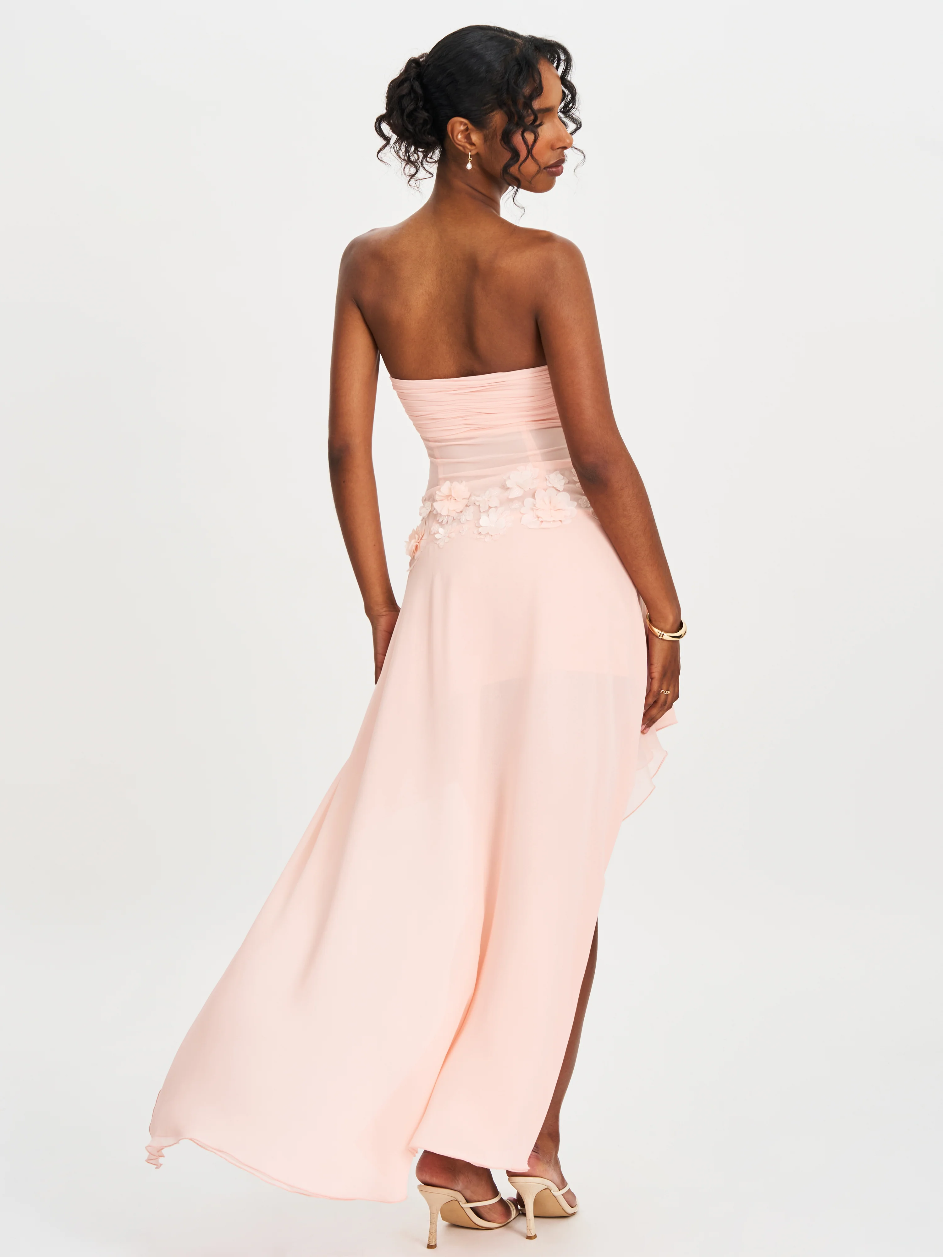 Mae Pink Ruched Breast Appliqué Trim Trailing Dress - Image 11