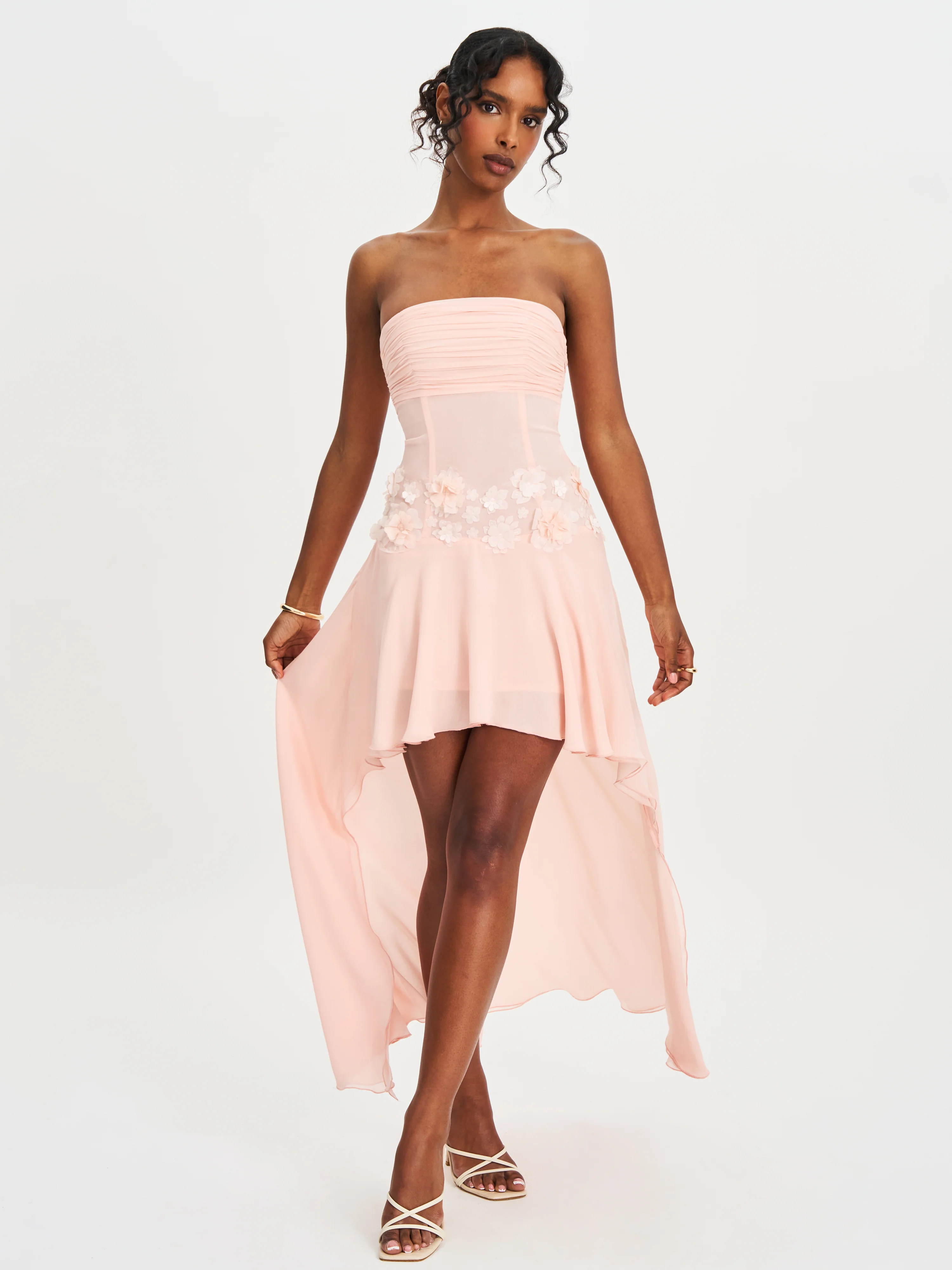 Mae Pink Ruched Breast Appliqué Trim Trailing Dress - Image 4