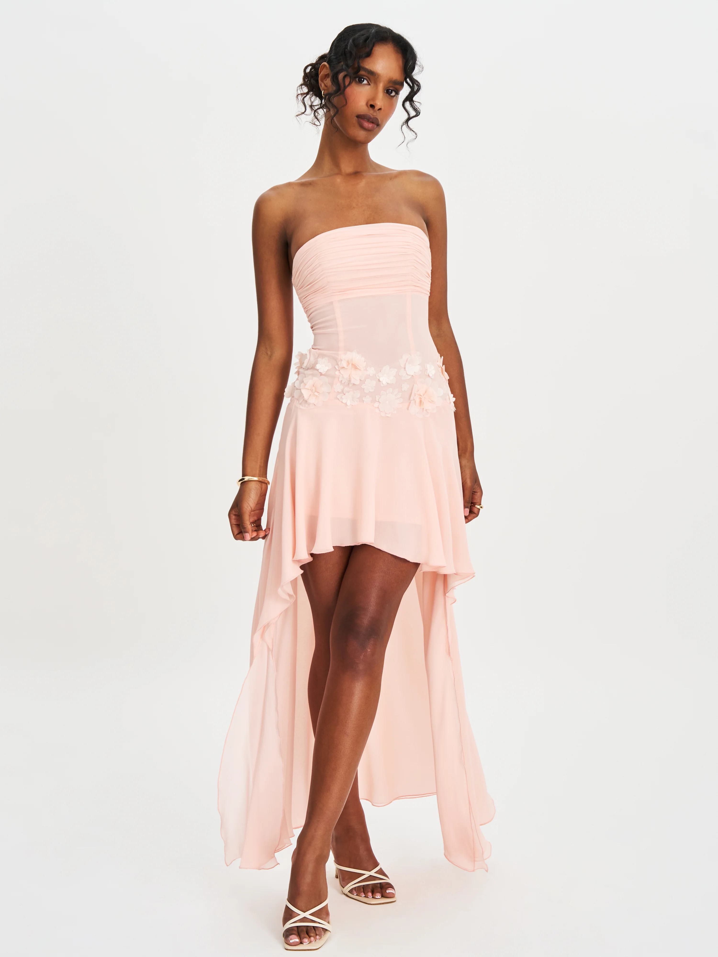 Mae Pink Ruched Breast Appliqué Trim Trailing Dress - Image 5