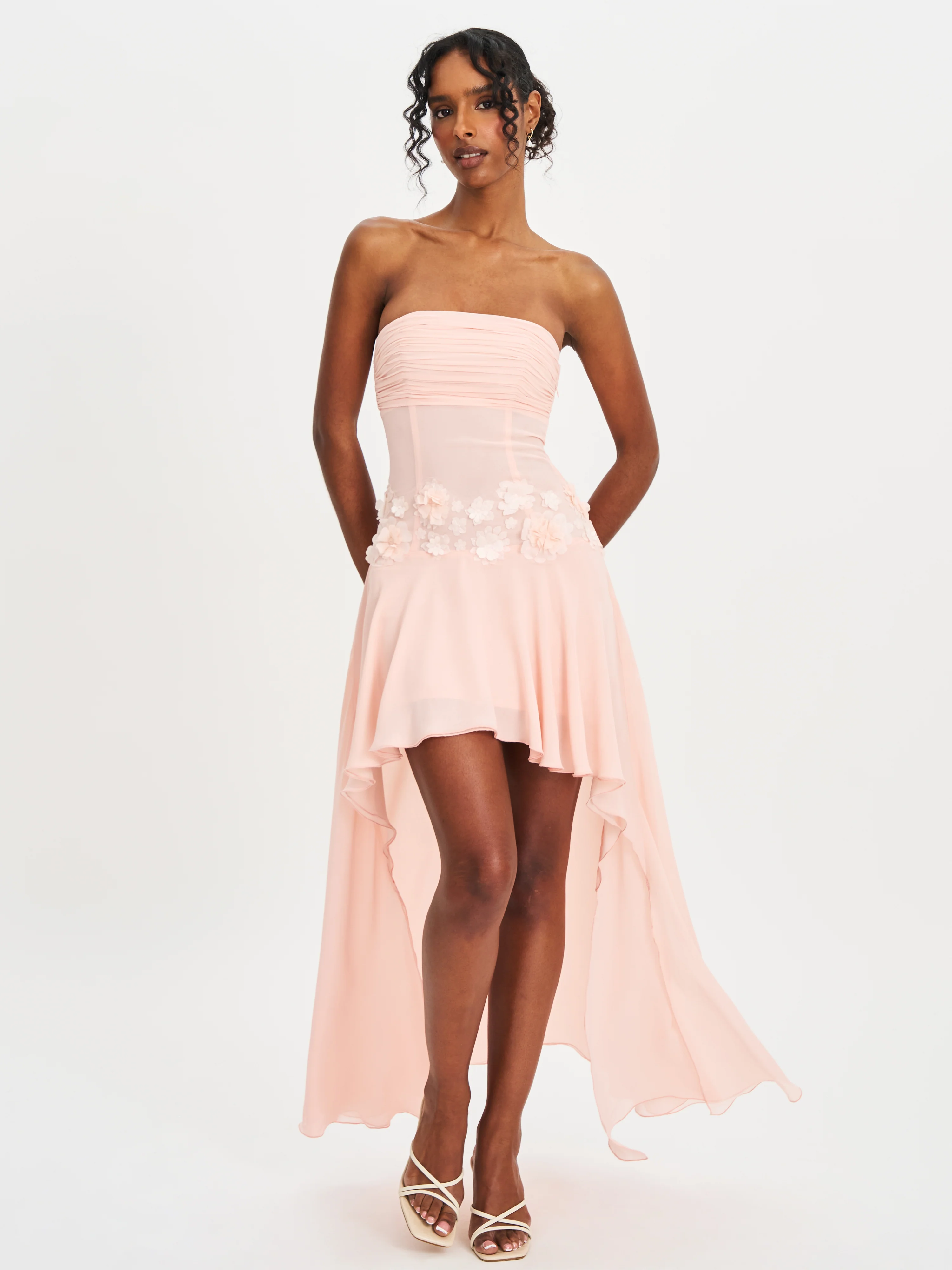 Mae Pink Ruched Breast Appliqué Trim Trailing Dress - Image 6