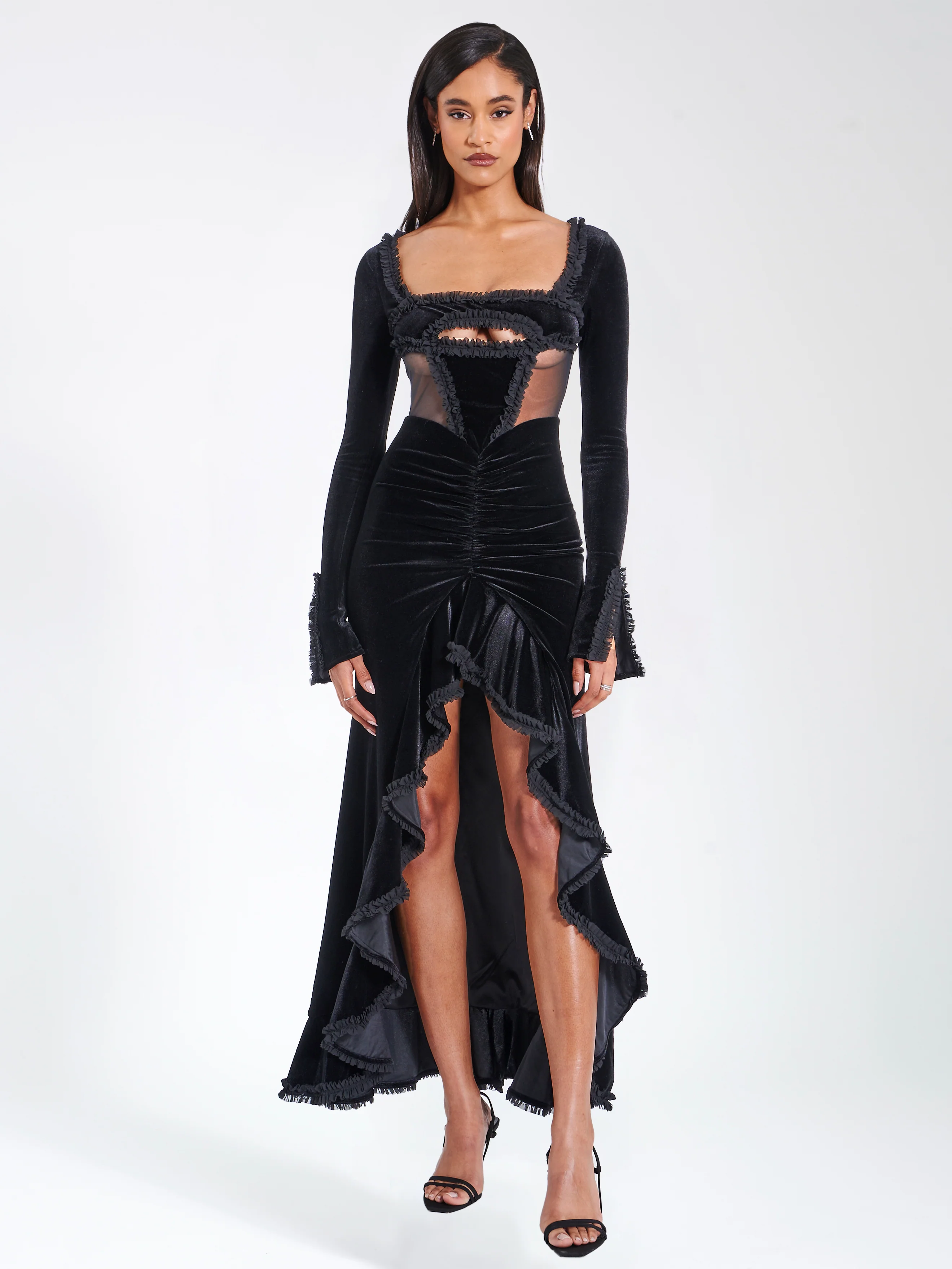 Maeve Black Velvet and Mesh Long Sleeve Maxi Dress - Image 4