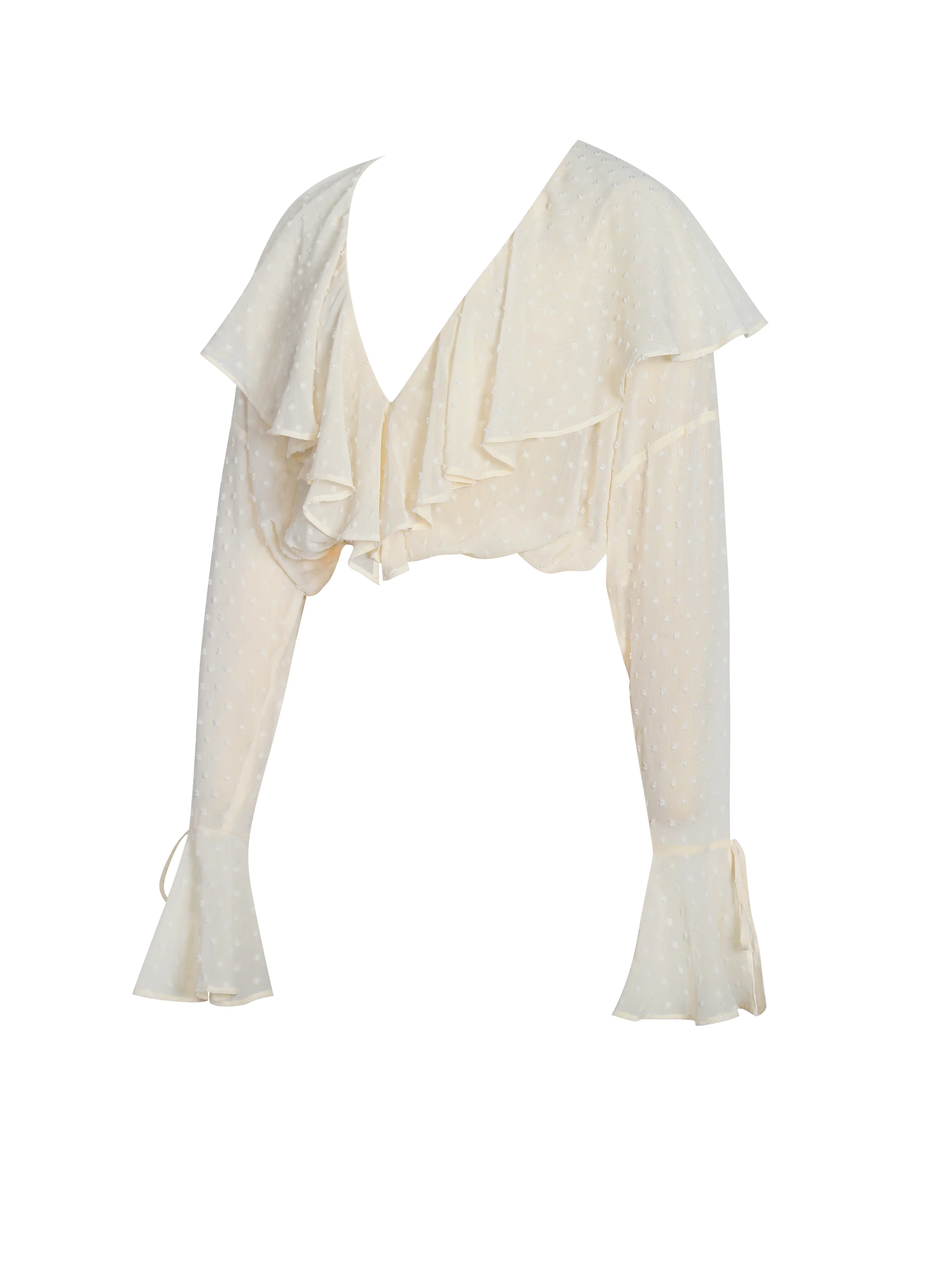 Magali Beige Dotted Mesh Ruffle V Collar Top - Image 10