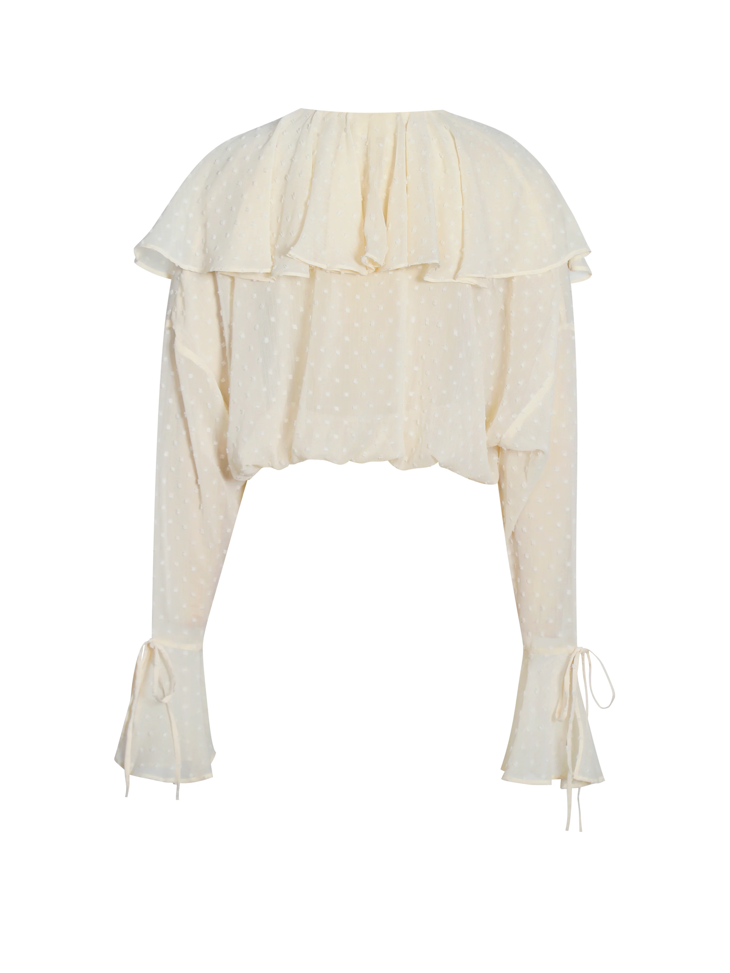 Magali Beige Dotted Mesh Ruffle V Collar Top - Image 11