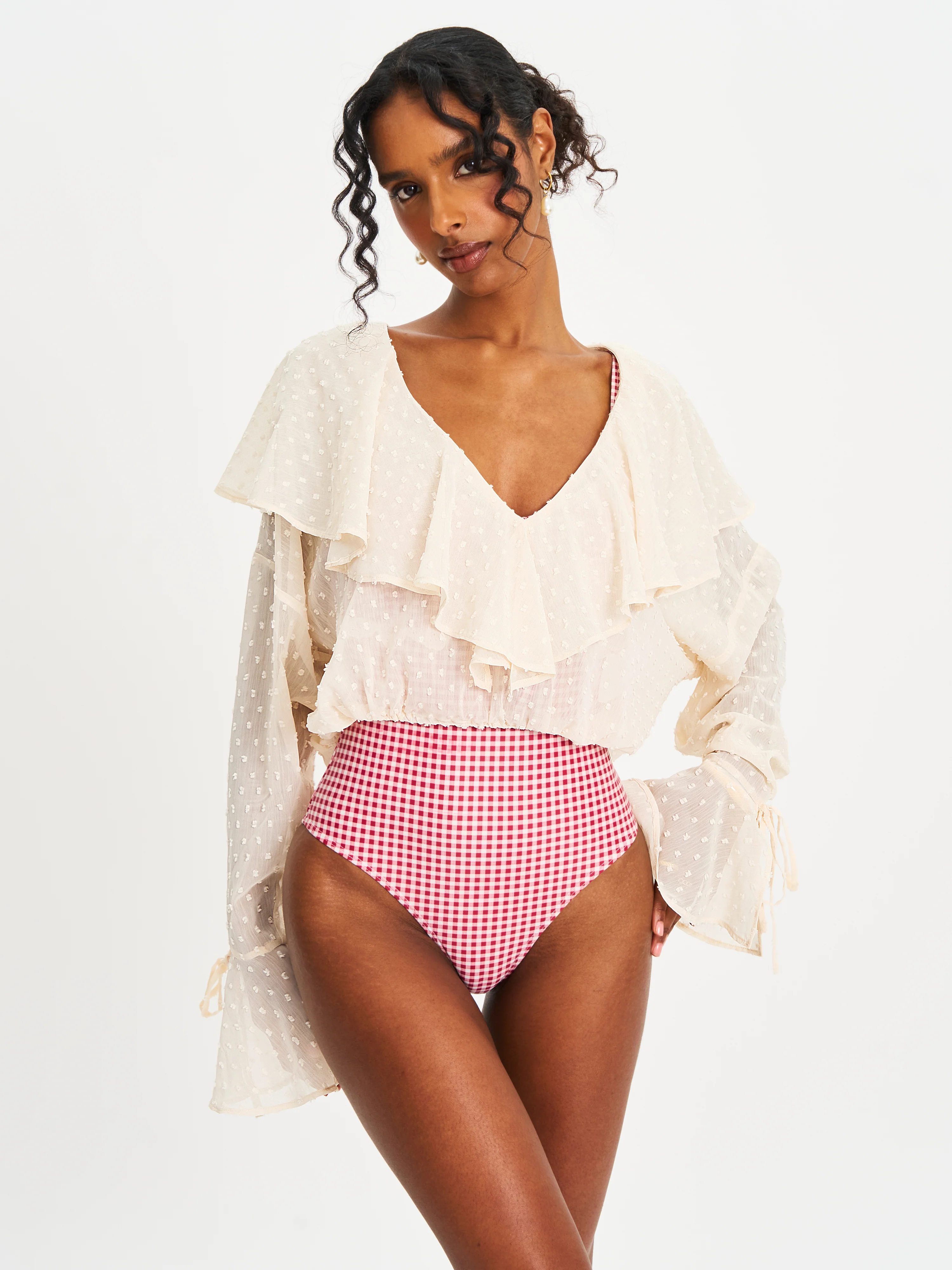 Magali Beige Dotted Mesh Ruffle V Collar Top - Image 3