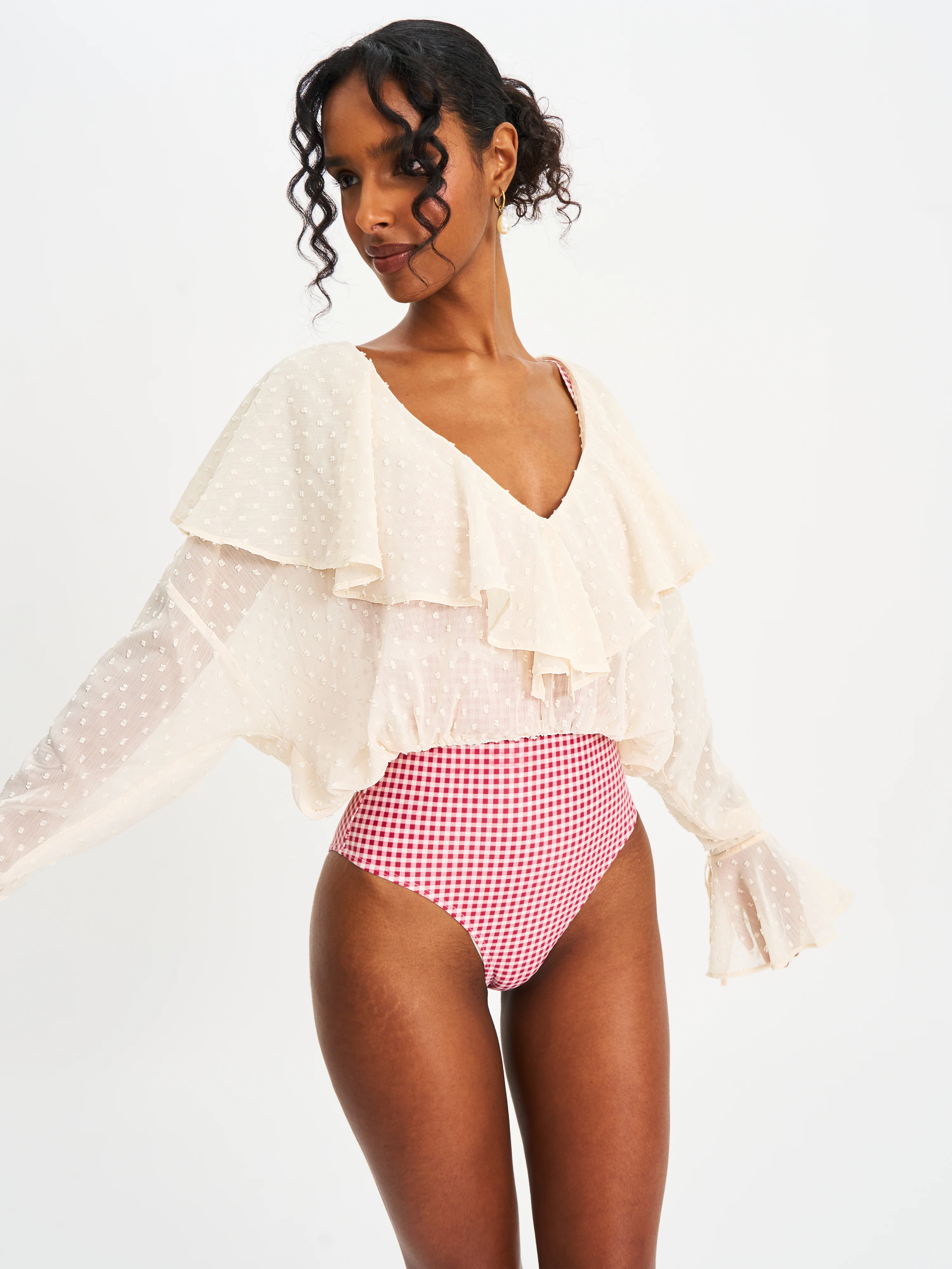 Magali Beige Dotted Mesh Ruffle V Collar Top - Image 4