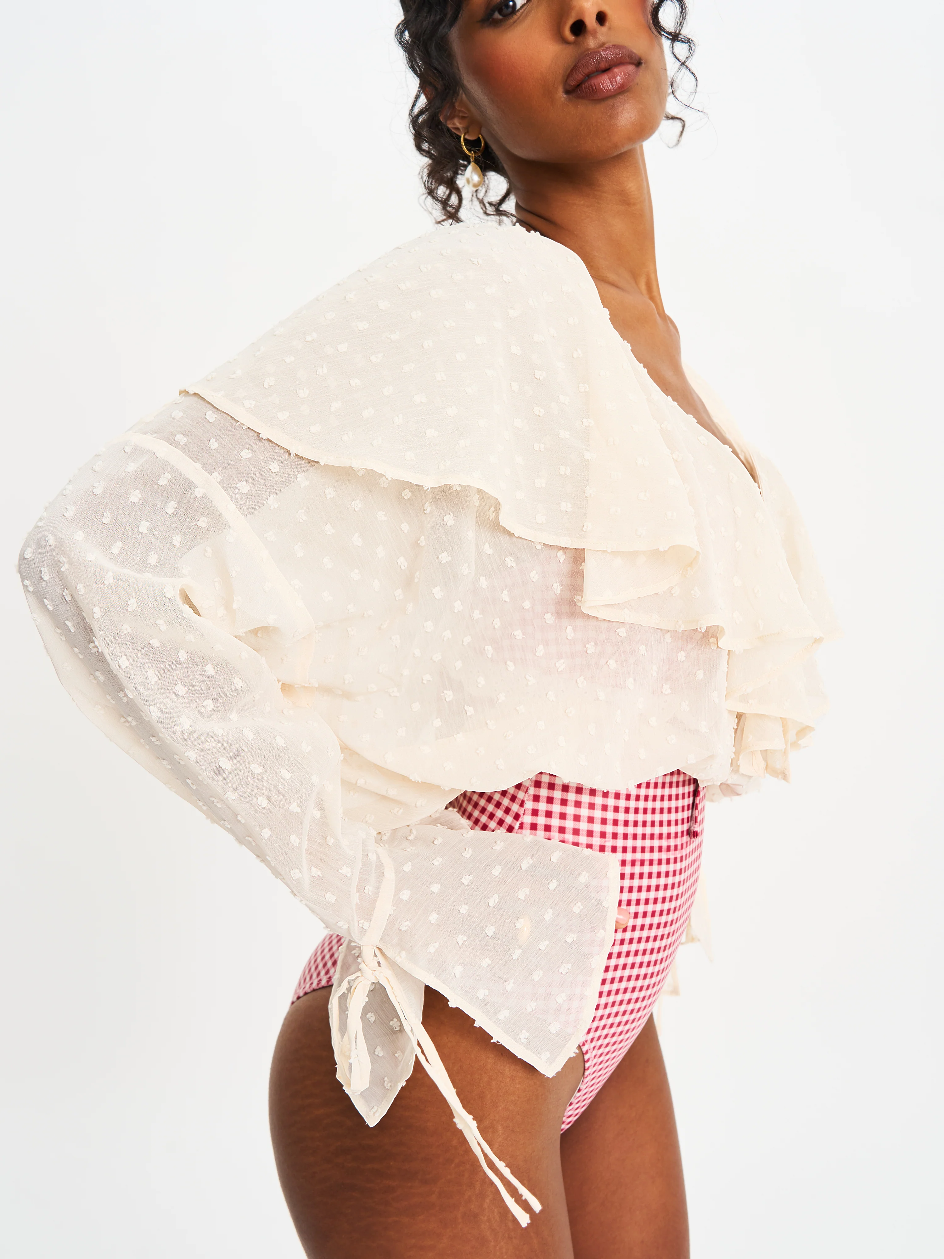 Magali Beige Dotted Mesh Ruffle V Collar Top - Image 8