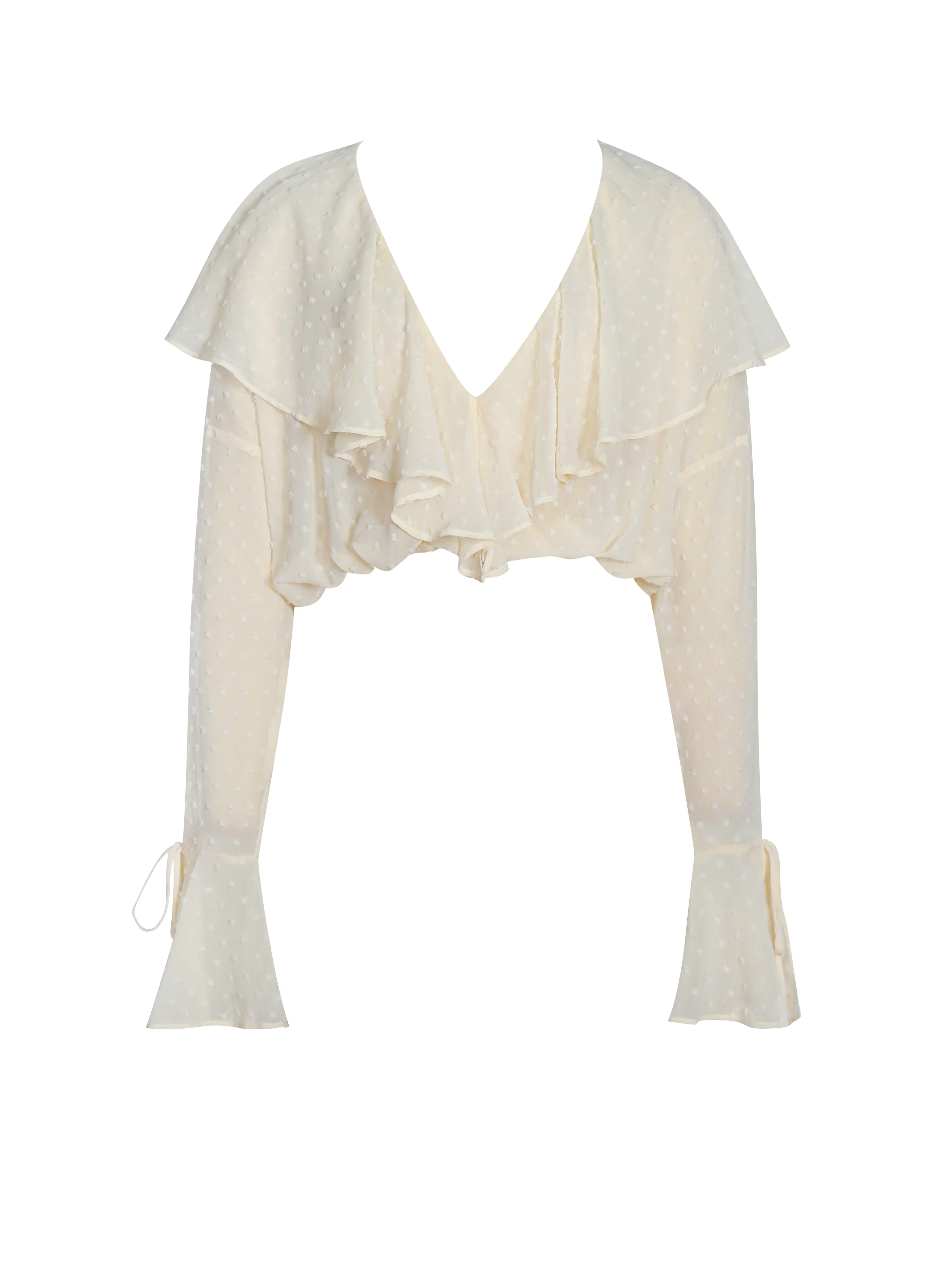 Magali Beige Dotted Mesh Ruffle V Collar Top - Image 9