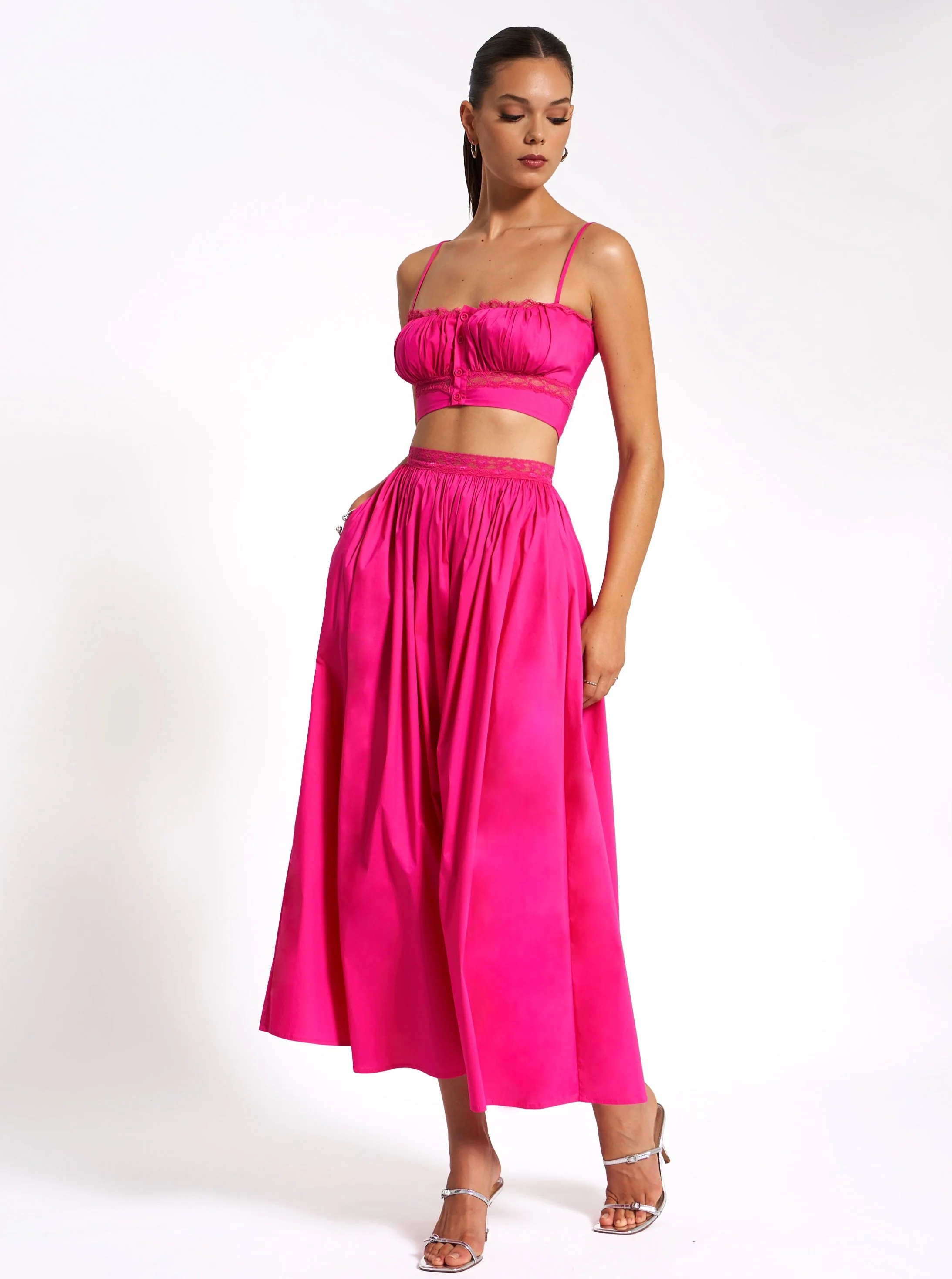 Martha Fuchsia Cotton Poplin Maxi Skirt With Lace Trim - Image 4