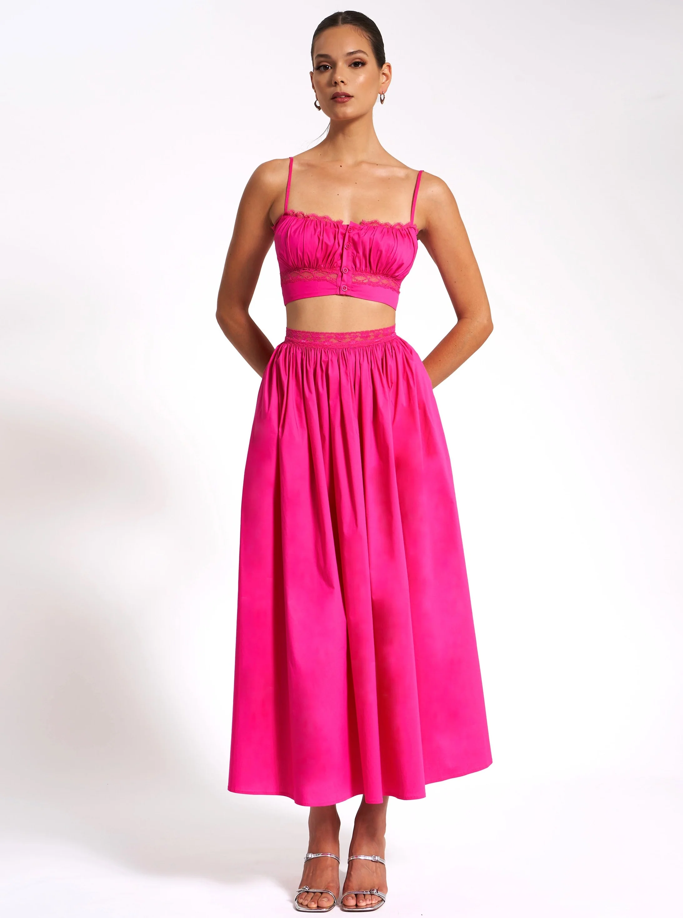 Martha Fuchsia Cotton Poplin Maxi Skirt With Lace Trim - Image 6