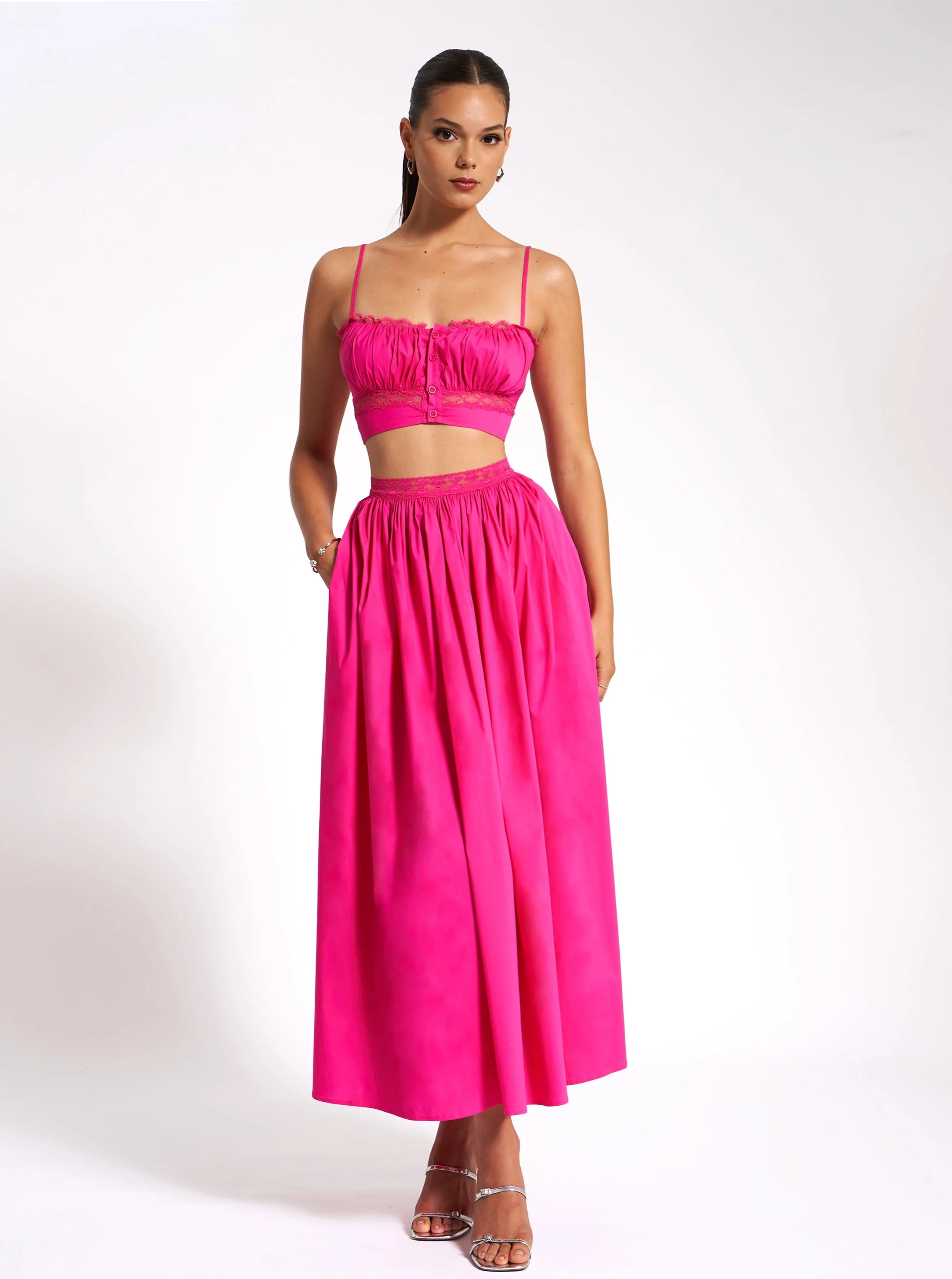 Martha Fuchsia Cotton Poplin Maxi Skirt With Lace Trim - Image 7