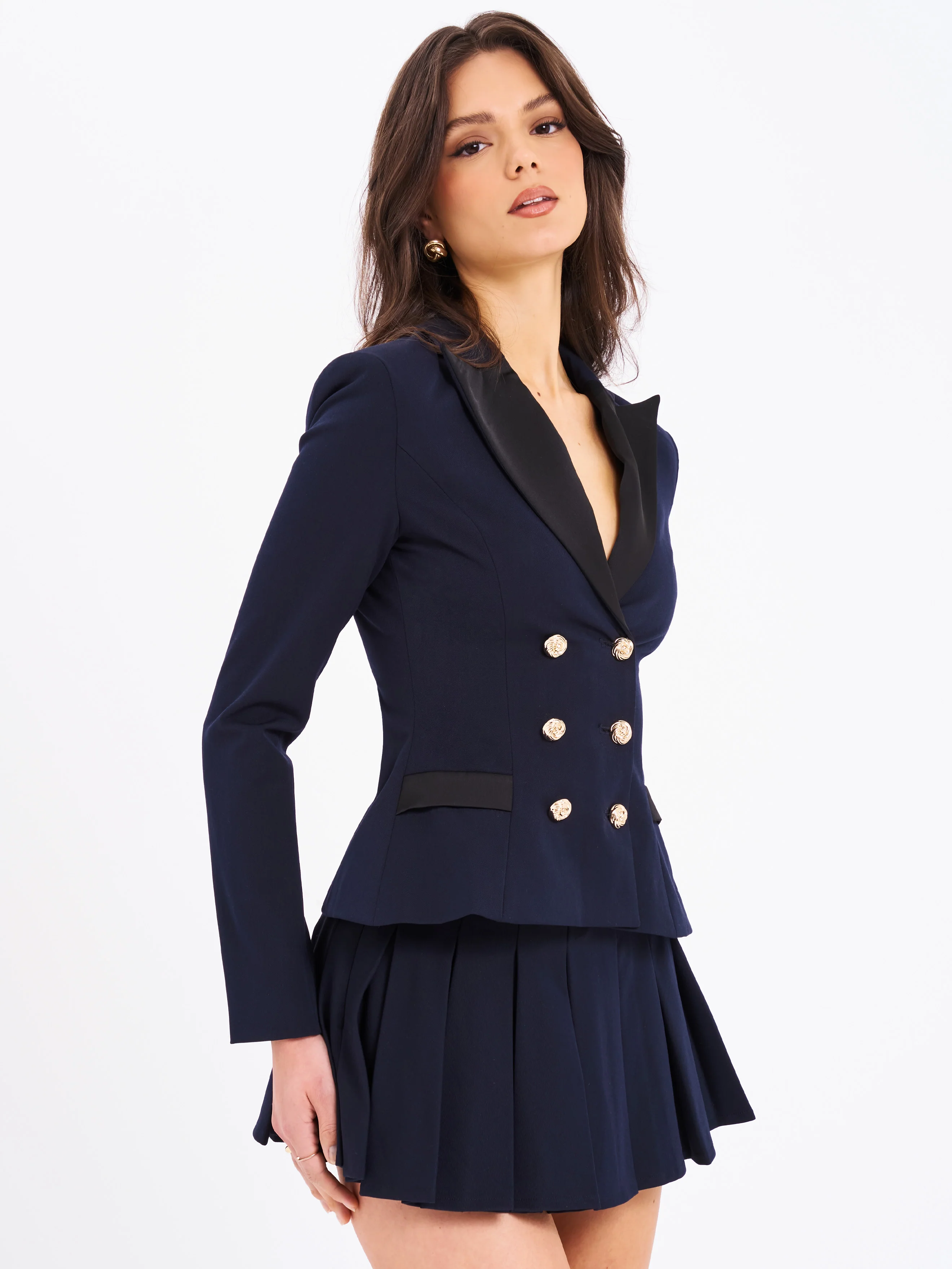 Nasia Navy Blue Double Breast Backless Blazer - Image 6