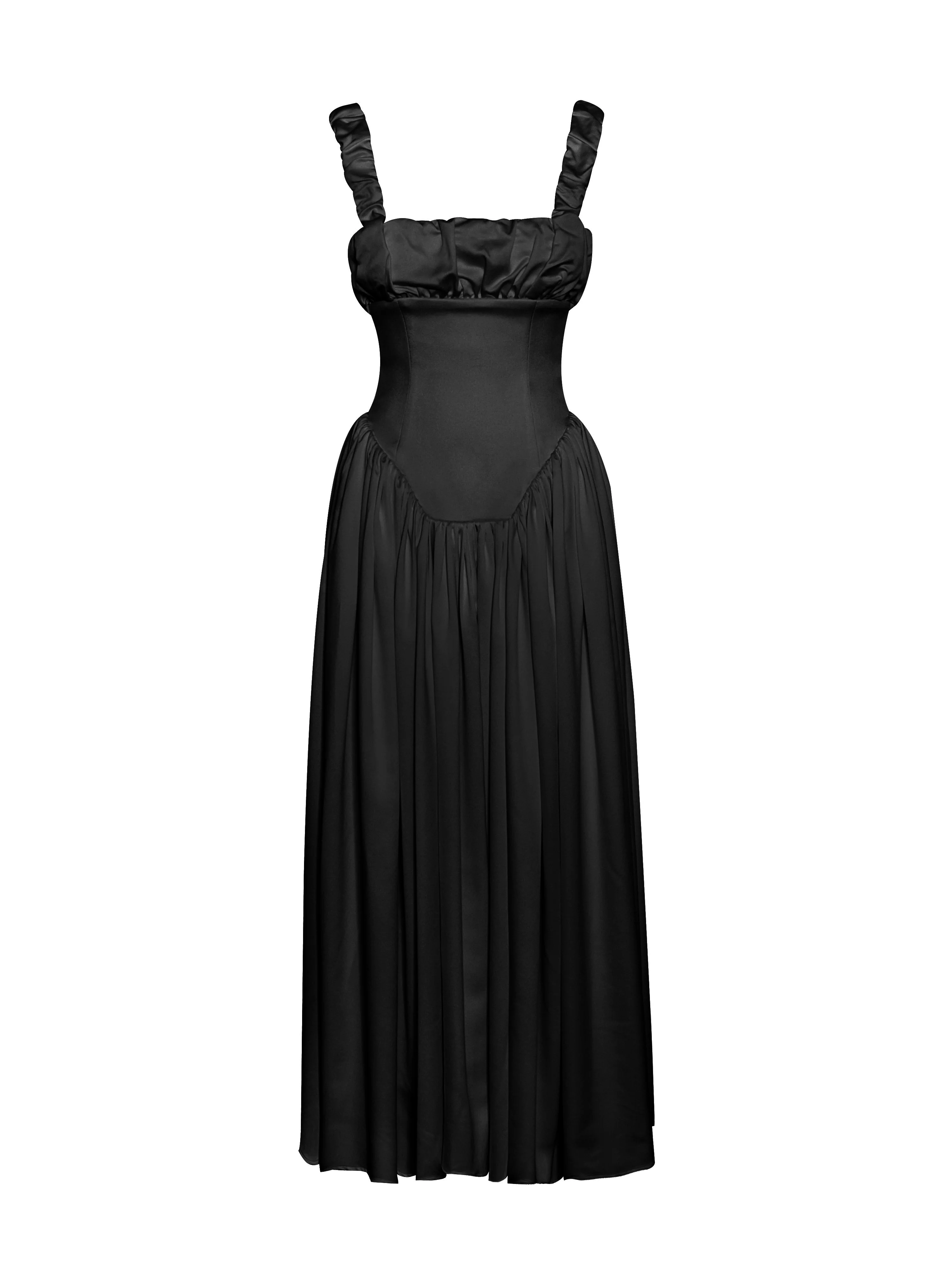 Noreen Black Satin Drop Waist Maxi Sundress - Image 10