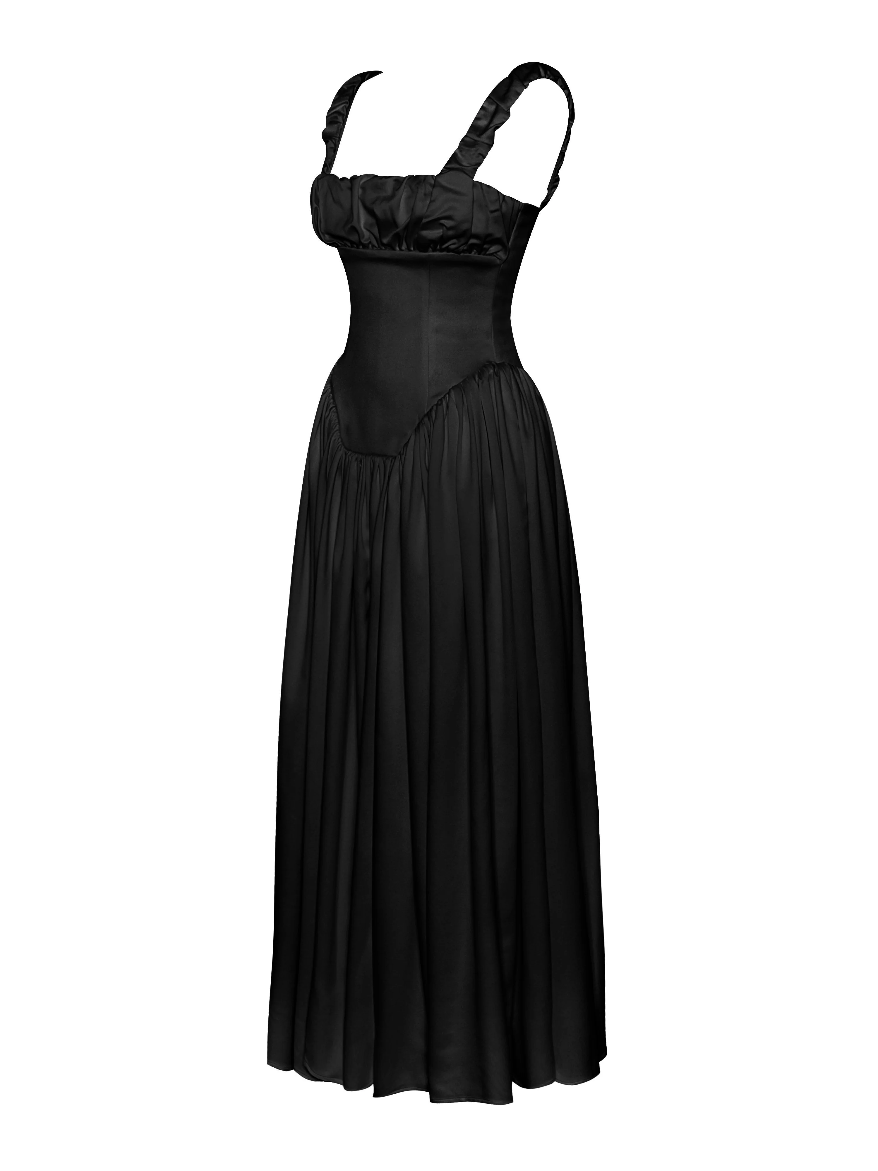 Noreen Black Satin Drop Waist Maxi Sundress - Image 11