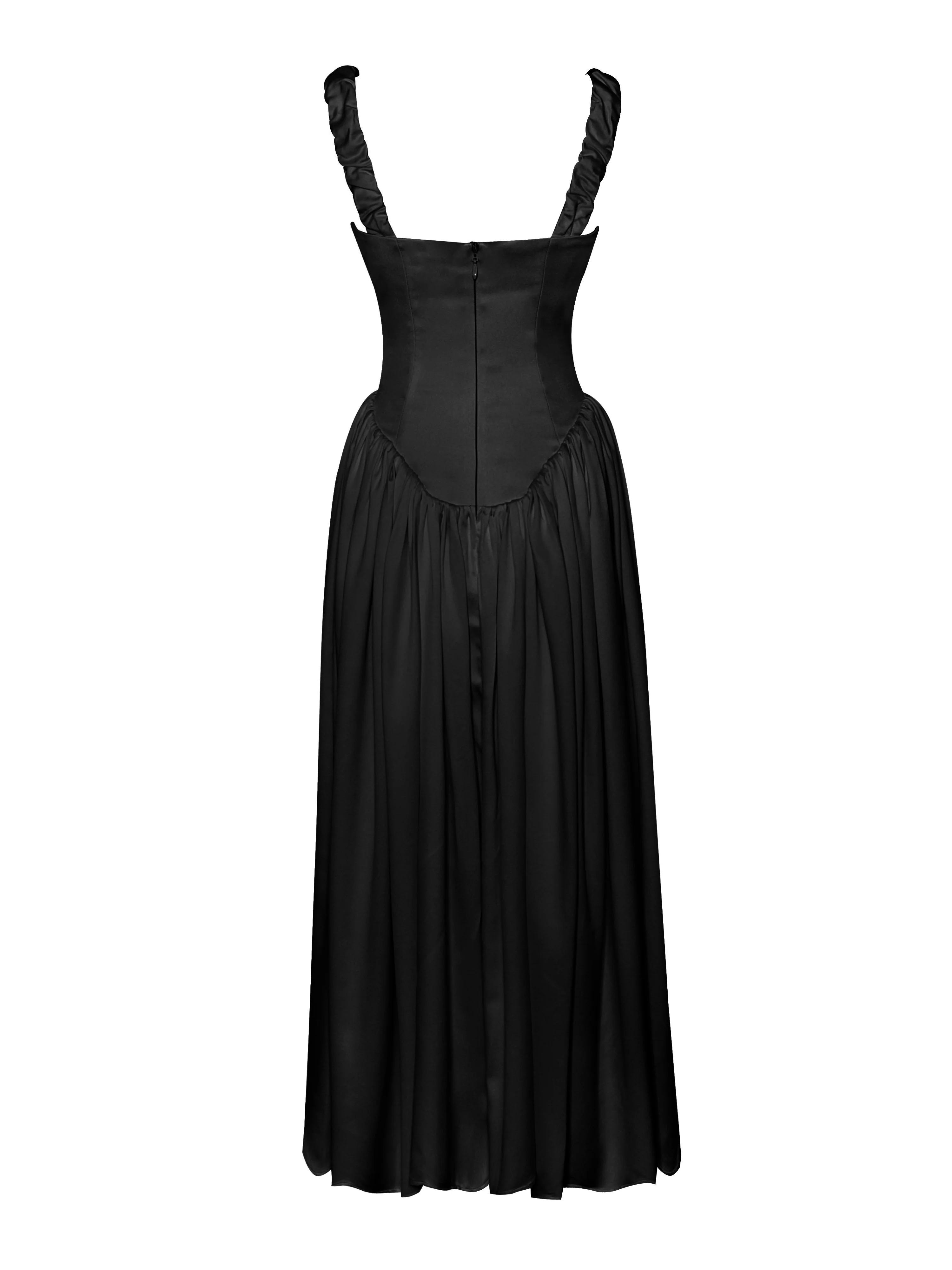 Noreen Black Satin Drop Waist Maxi Sundress - Image 12