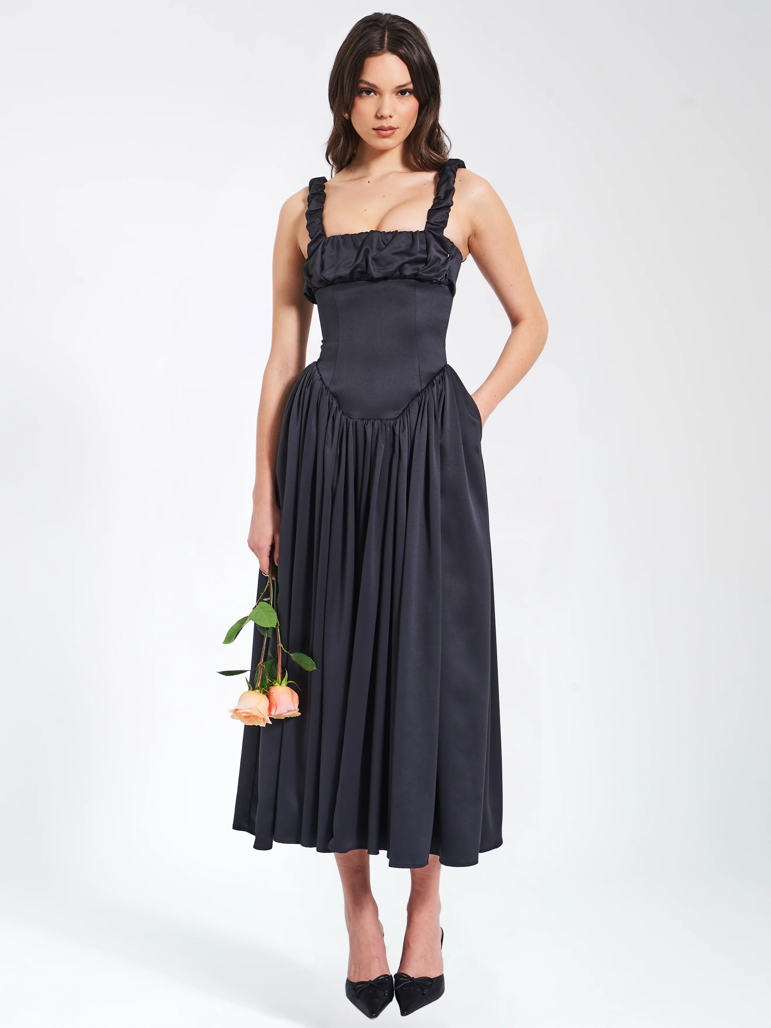 Noreen Black Satin Drop Waist Maxi Sundress - Image 4